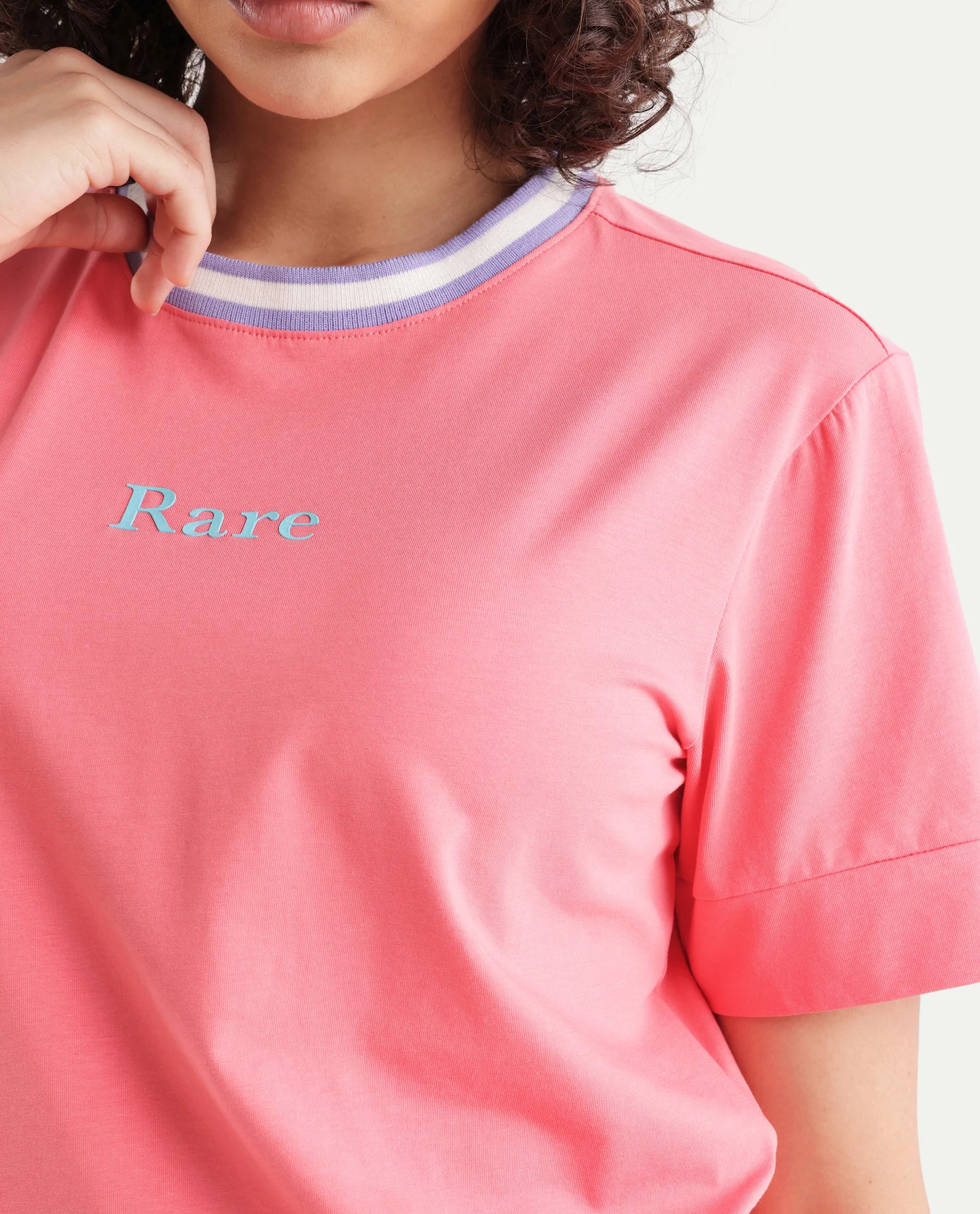 Rareism Women's Eliza Peach Cotton Blend Crew Neck Graphic Print Regular Fit T-Shirt