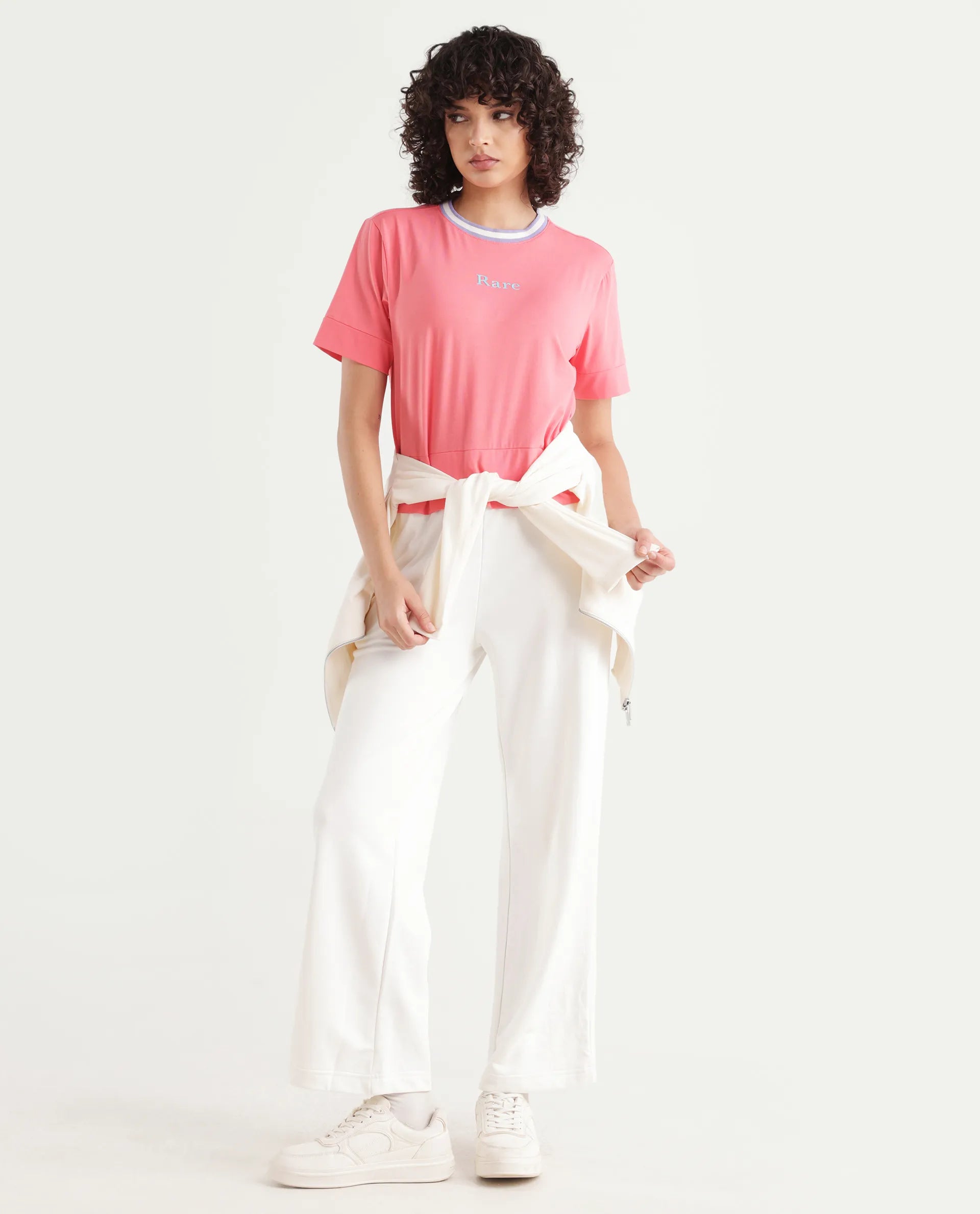 Rareism Women's Eliza Peach Cotton Blend Crew Neck Graphic Print Regular Fit T-Shirt