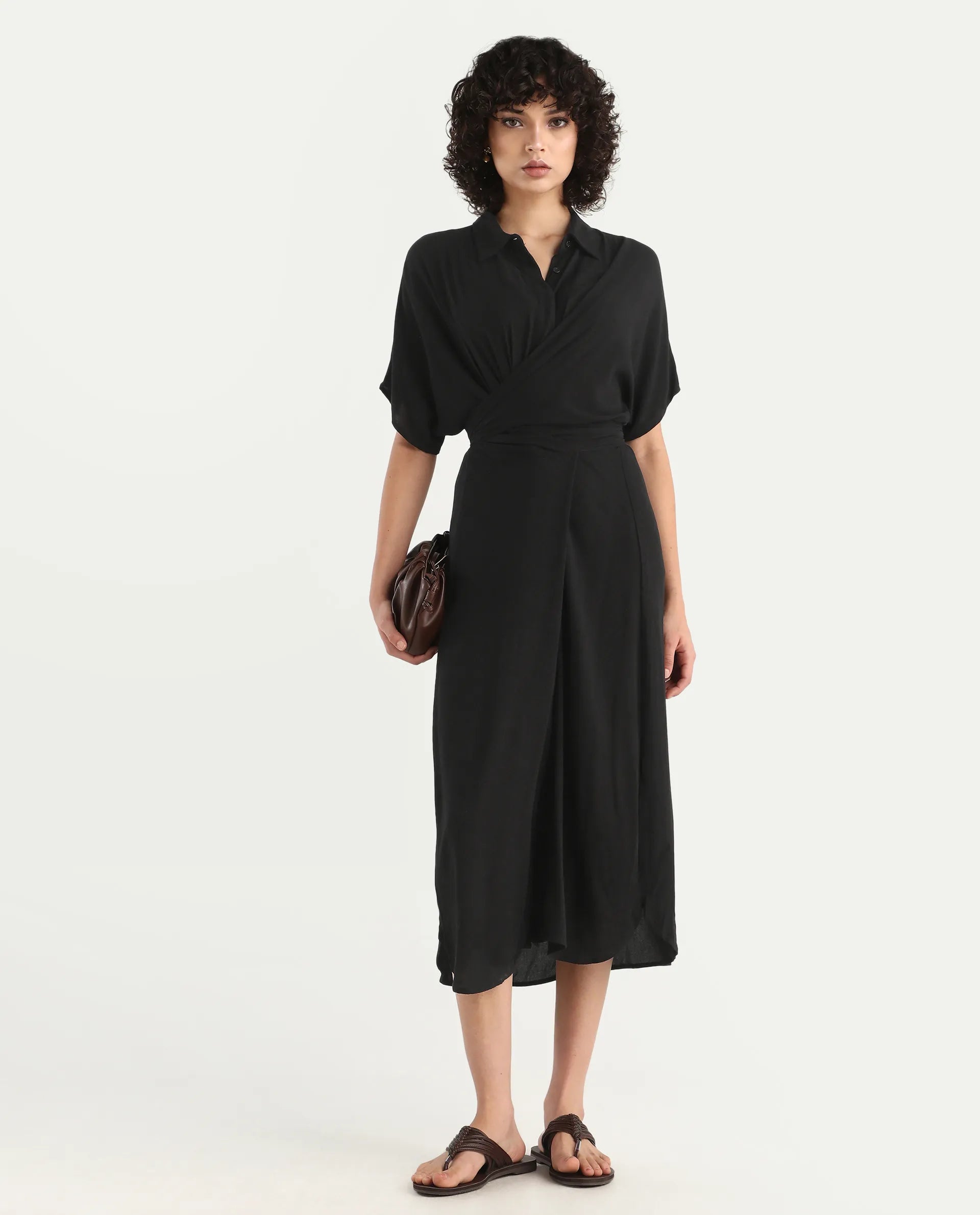 Rareism Women's Ella Black Drop Collar Plain Extended Sleeves Midi Relaxed Fit Dress