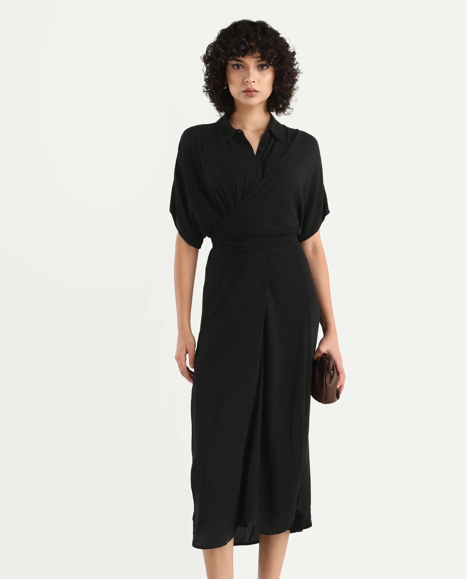 Rareism Women's Ella Black Drop Collar Plain Extended Sleeves Midi Relaxed Fit Dress