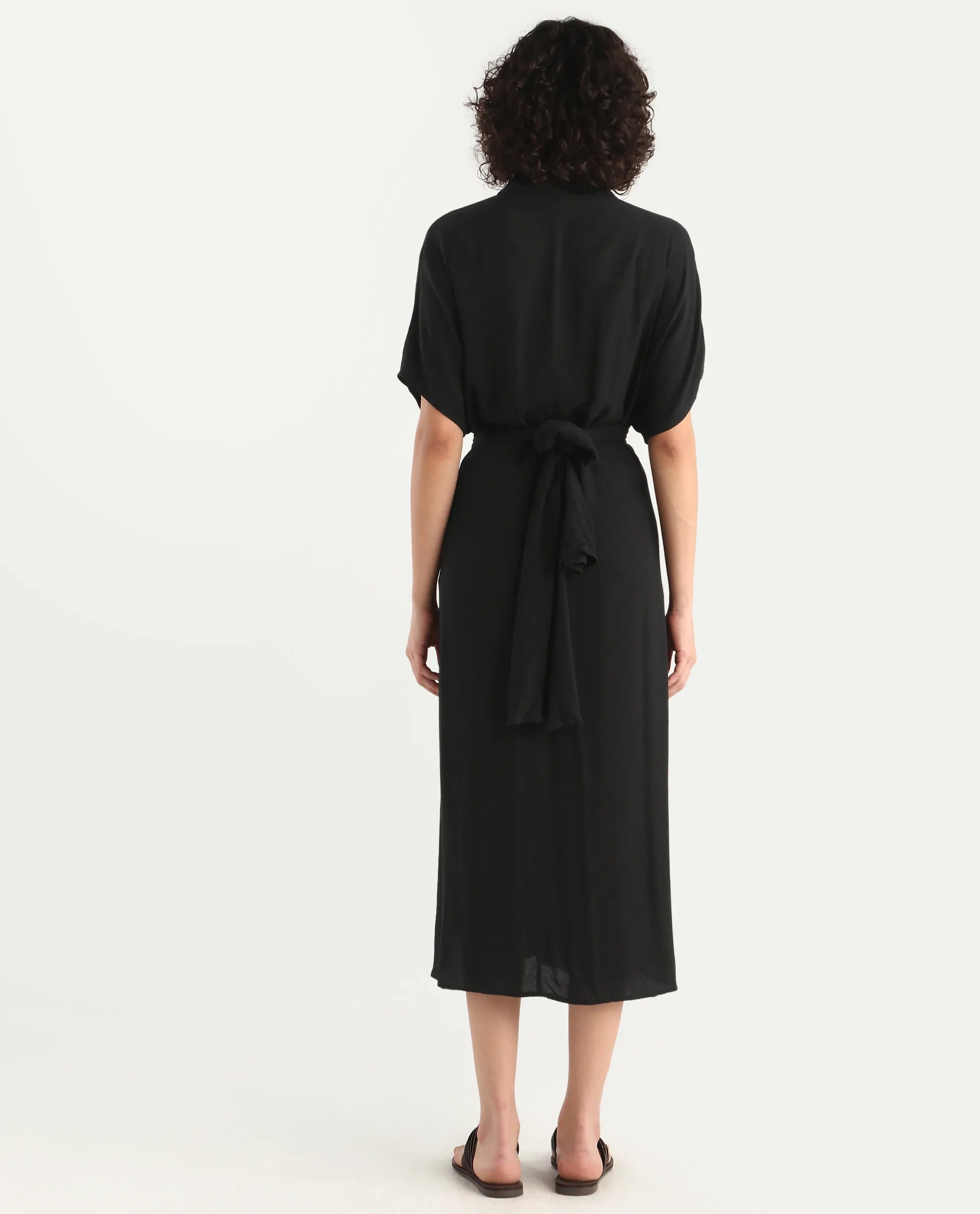 Rareism Women's Ella Black Drop Collar Plain Extended Sleeves Midi Relaxed Fit Dress