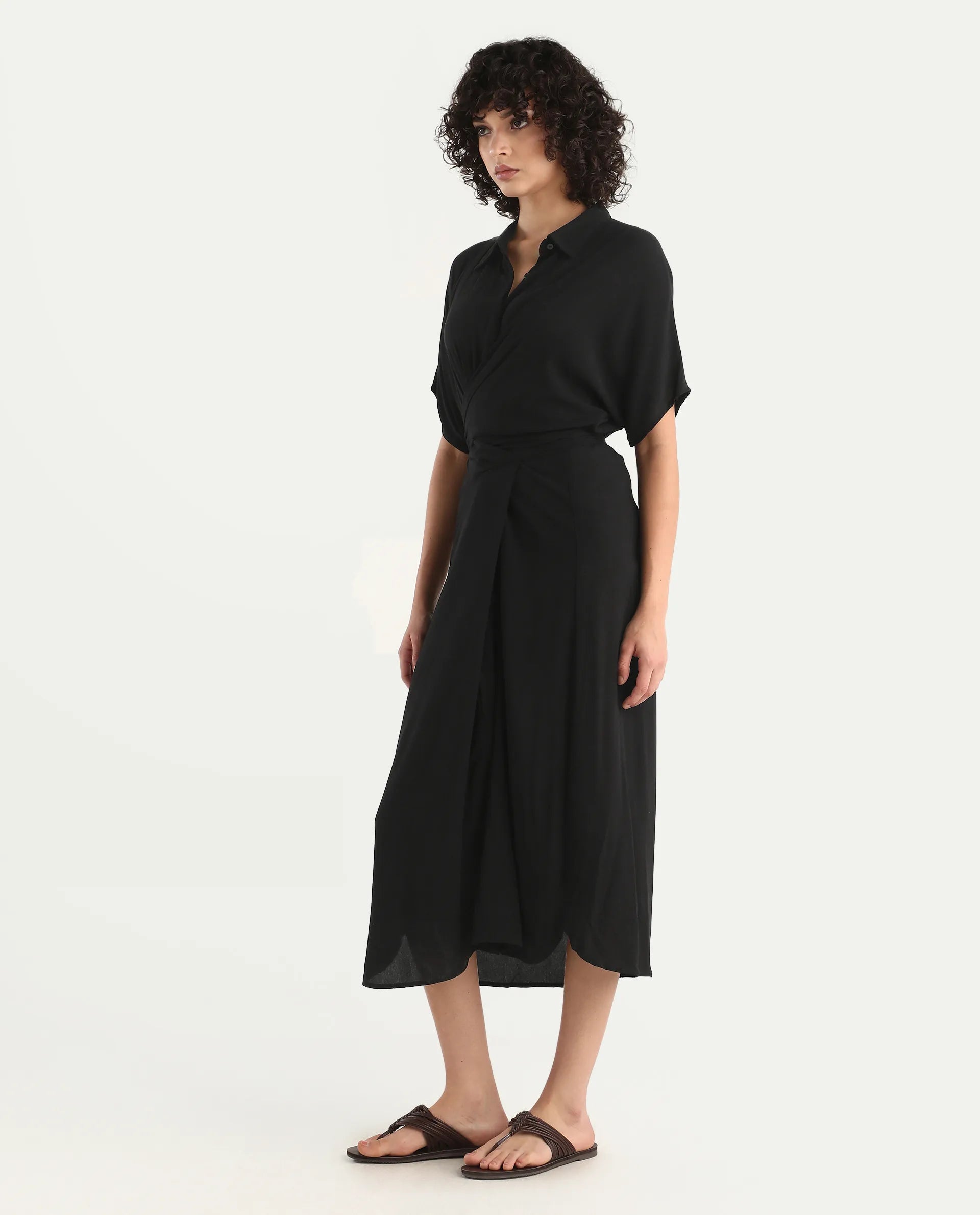 Rareism Women's Ella Black Drop Collar Plain Extended Sleeves Midi Relaxed Fit Dress