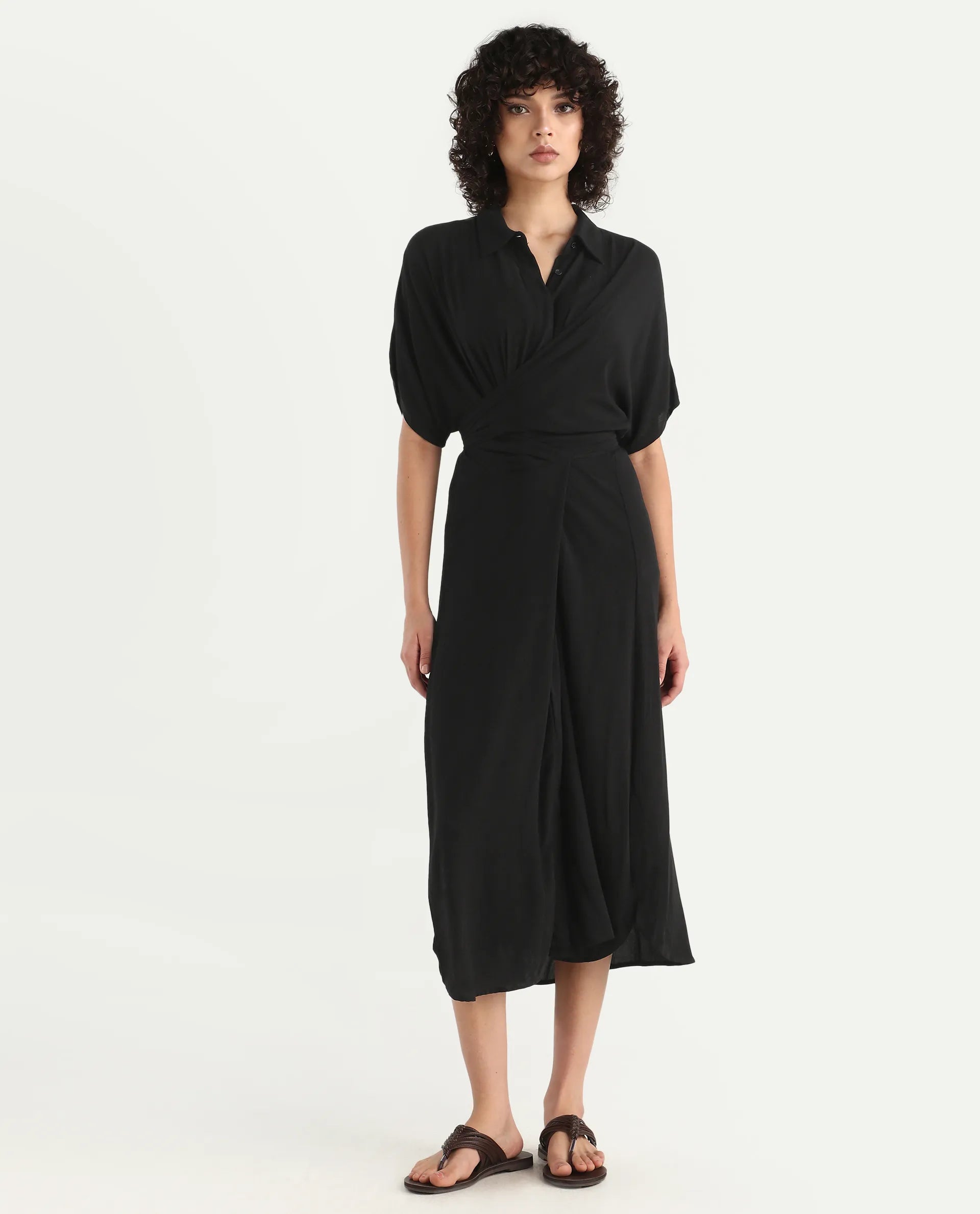 Rareism Women's Ella Black Drop Collar Plain Extended Sleeves Midi Relaxed Fit Dress