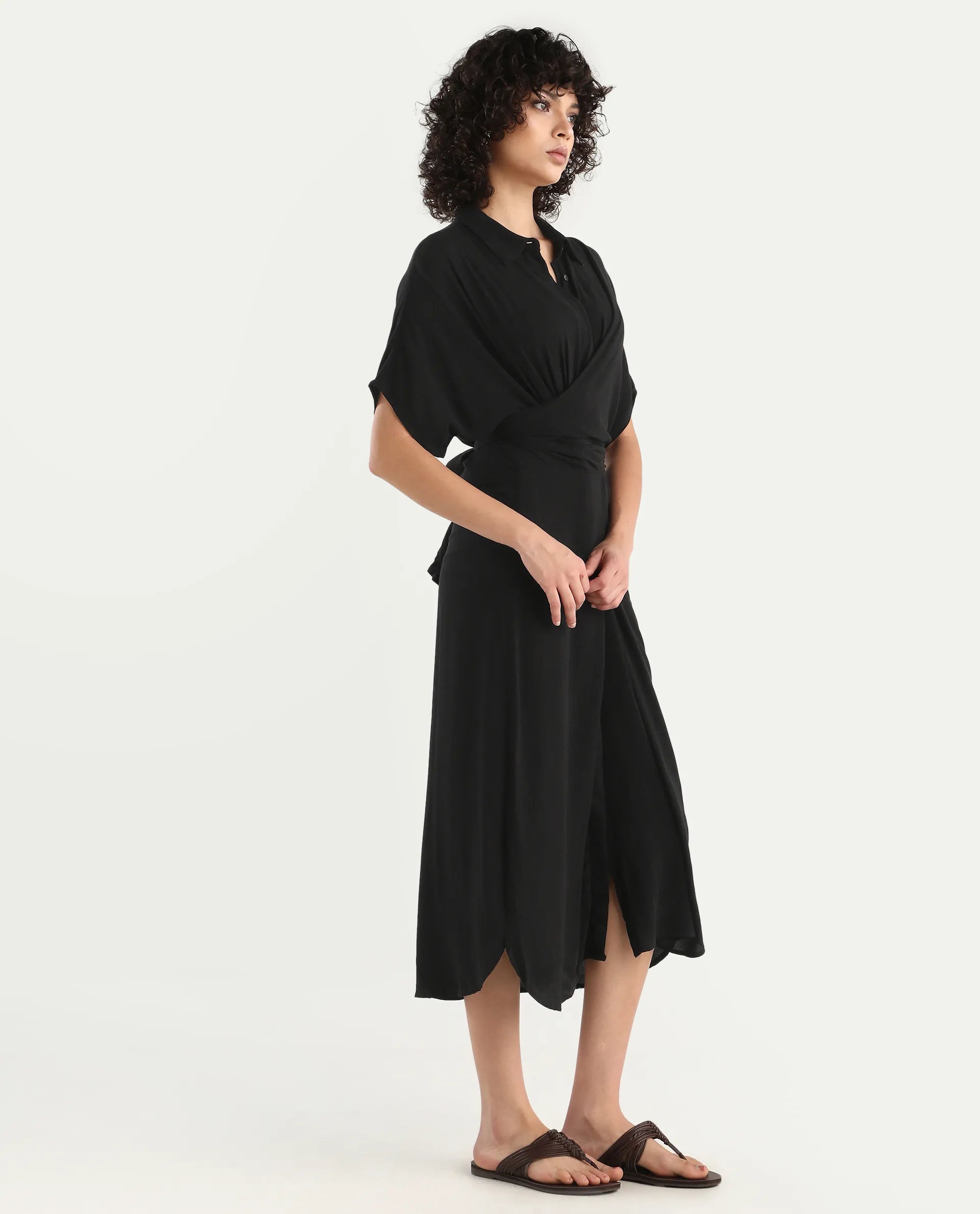 Rareism Women's Ella Black Drop Collar Plain Extended Sleeves Midi Relaxed Fit Dress