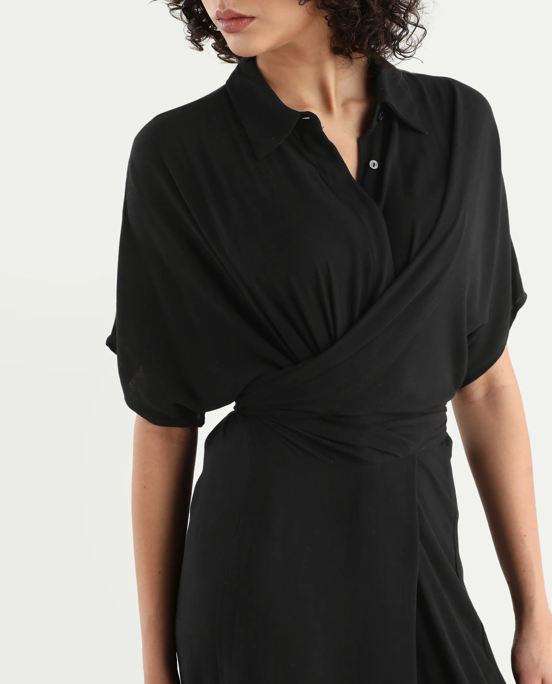 Rareism Women's Ella Black Drop Collar Plain Extended Sleeves Midi Relaxed Fit Dress