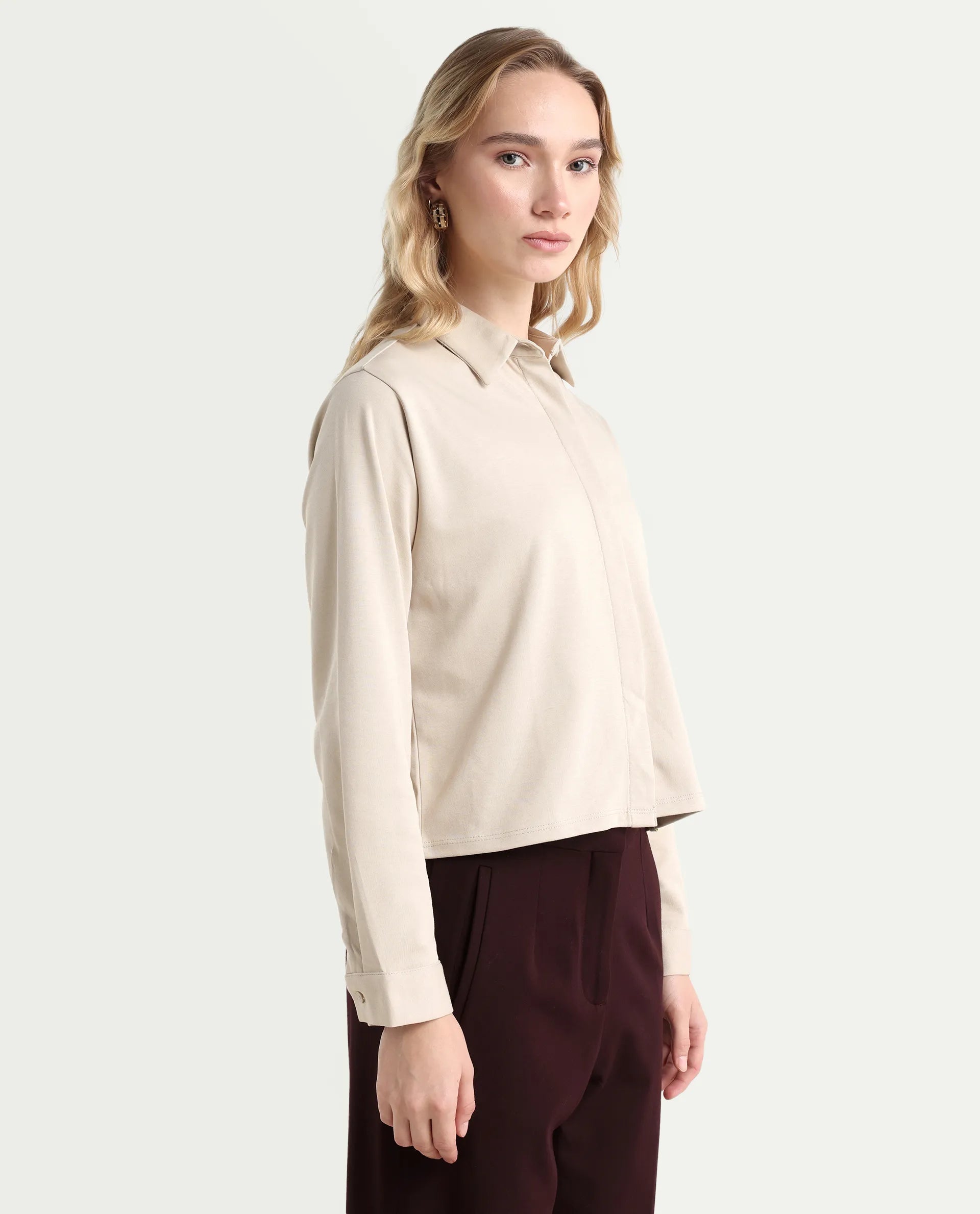 Rareism Women's Ellery Beige Cotton Blend Drop Collar Plain Regular Fit Shirt