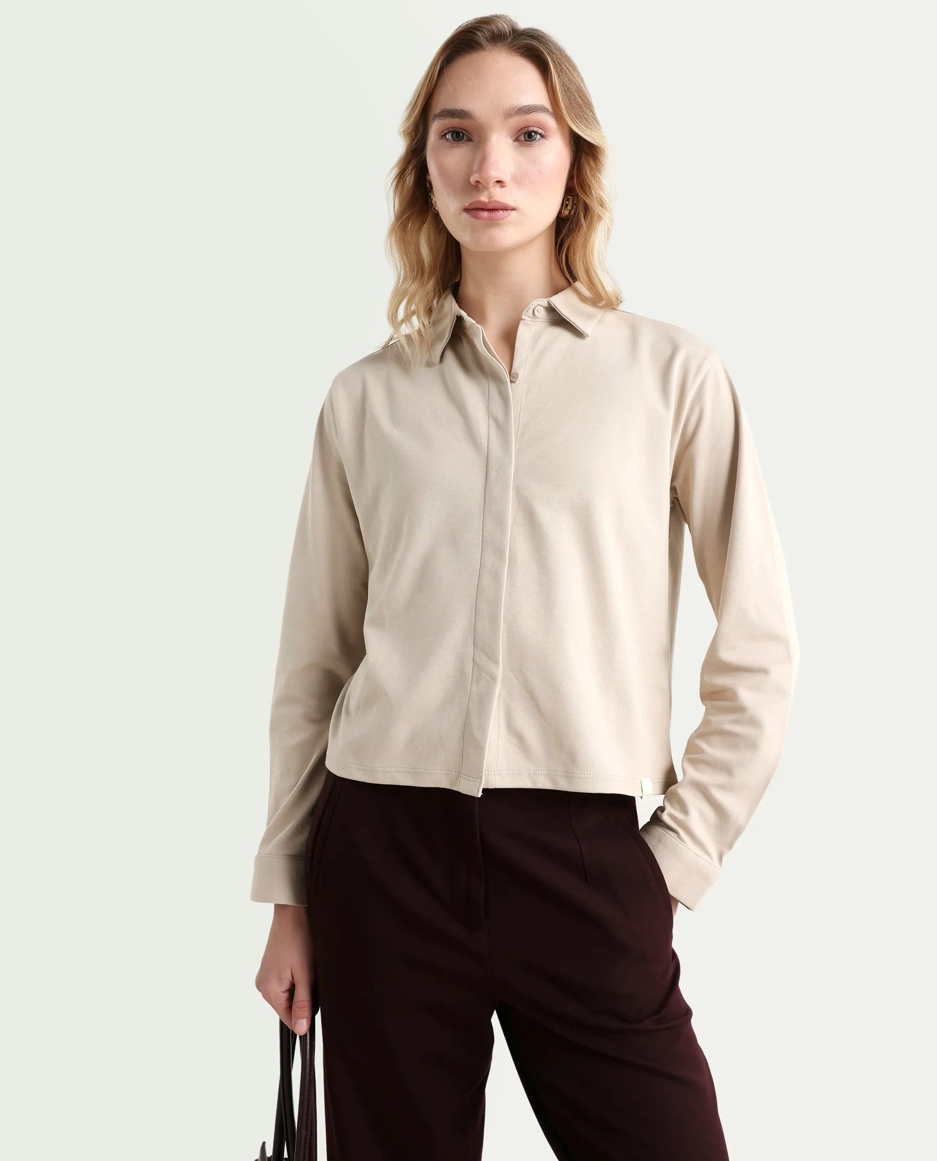 Rareism Women's Ellery Beige Cotton Blend Drop Collar Plain Regular Fit Shirt