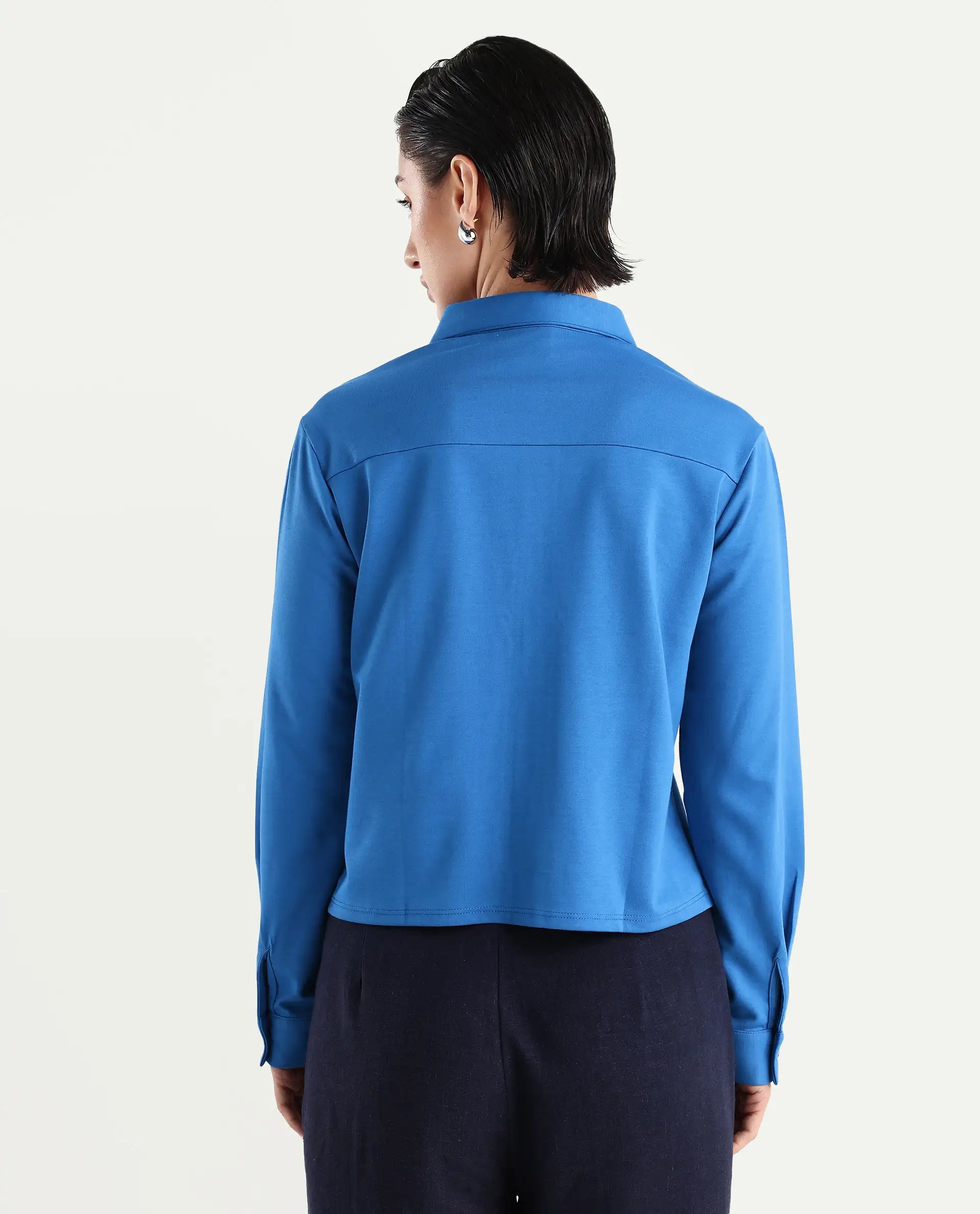 Rareism Women's Ellery Blue Cotton Blend Drop Collar Plain Regular Fit Shirt