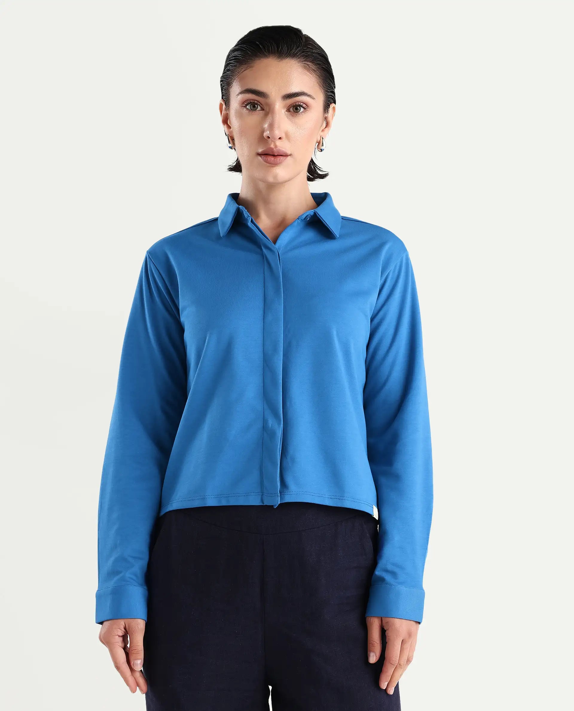 Rareism Women's Ellery Blue Cotton Blend Drop Collar Plain Regular Fit Shirt