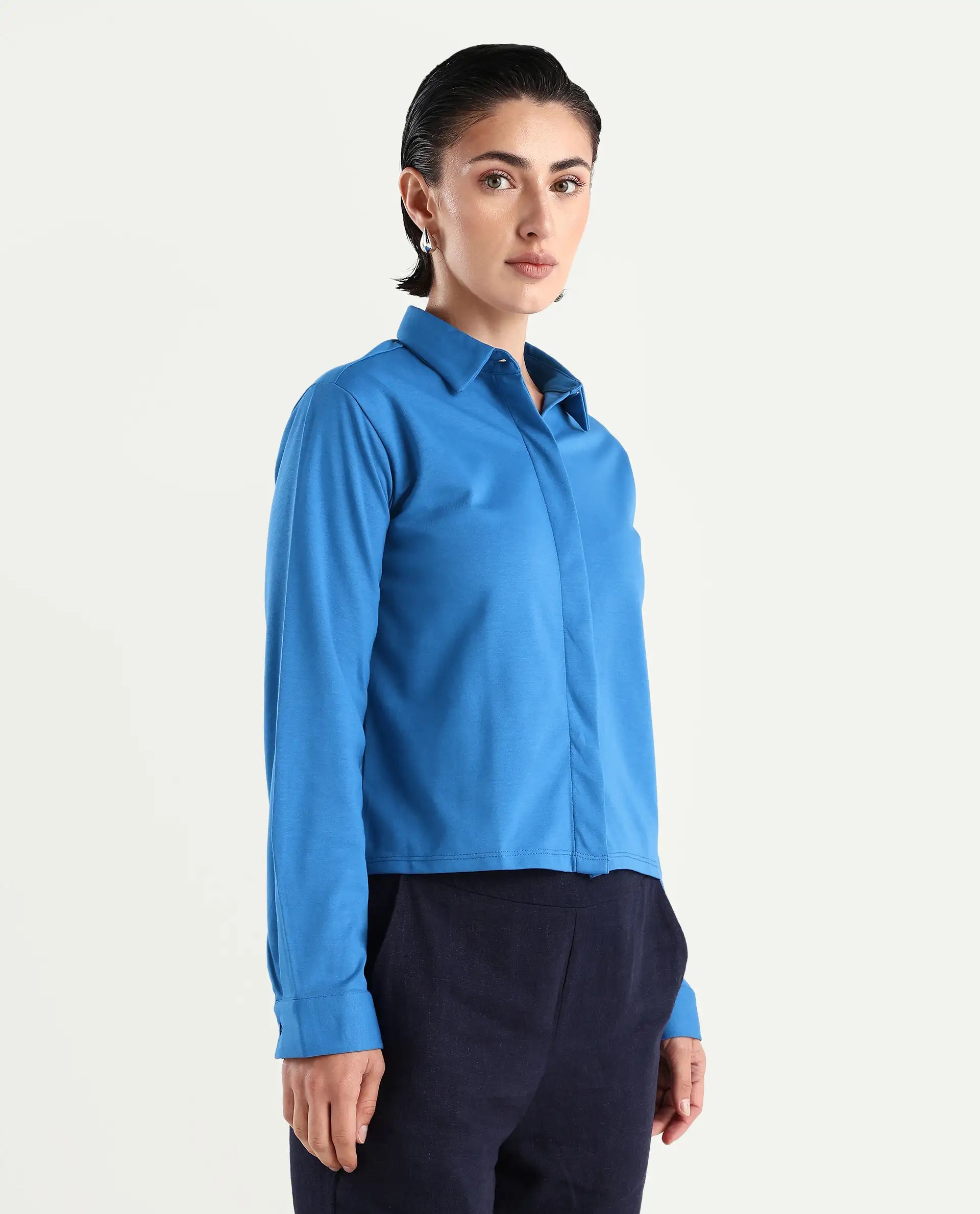 Rareism Women's Ellery Blue Cotton Blend Drop Collar Plain Regular Fit Shirt