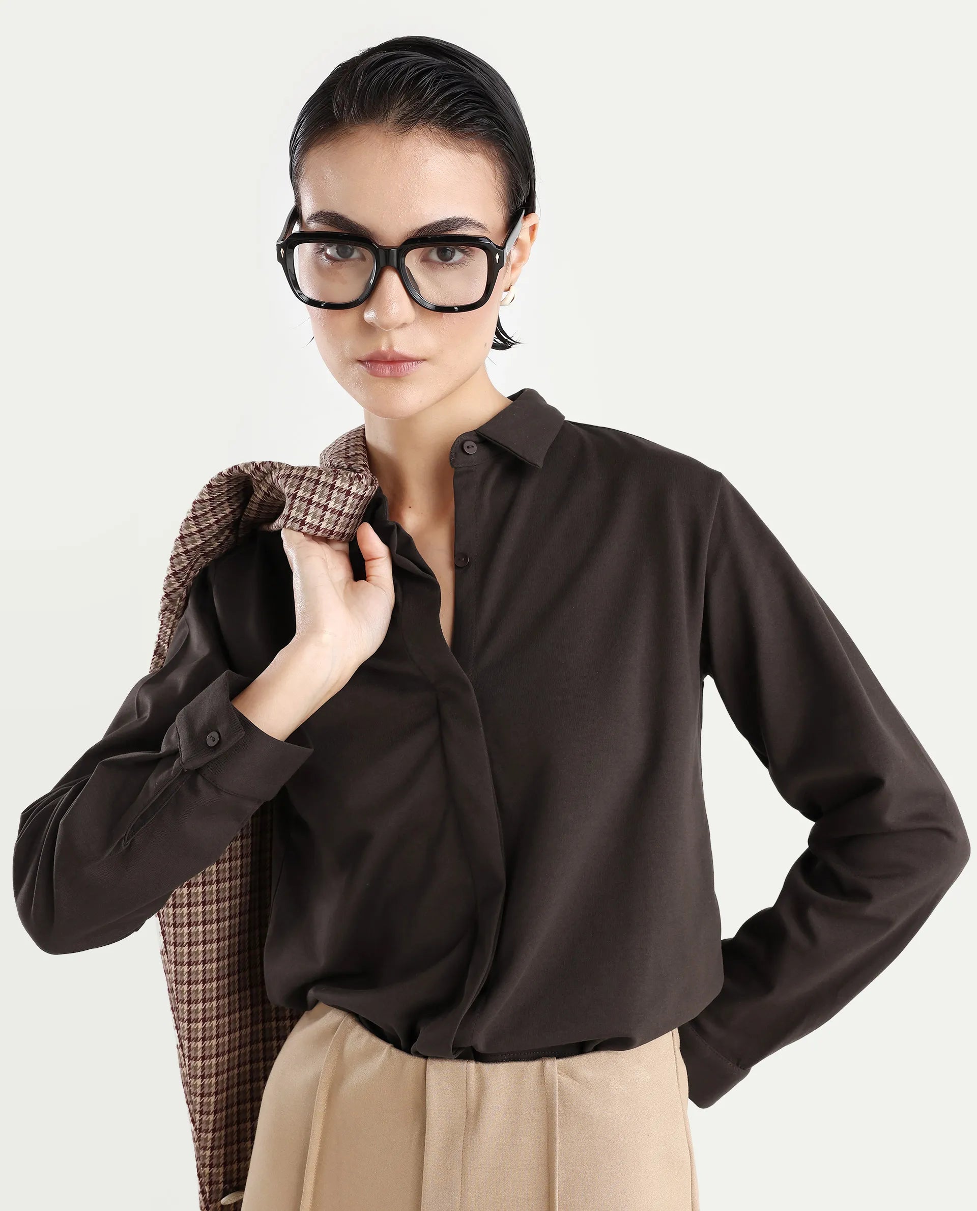 Rareism Women's Ellery Brown Cotton Blend Drop Collar Plain Regular Fit Shirt