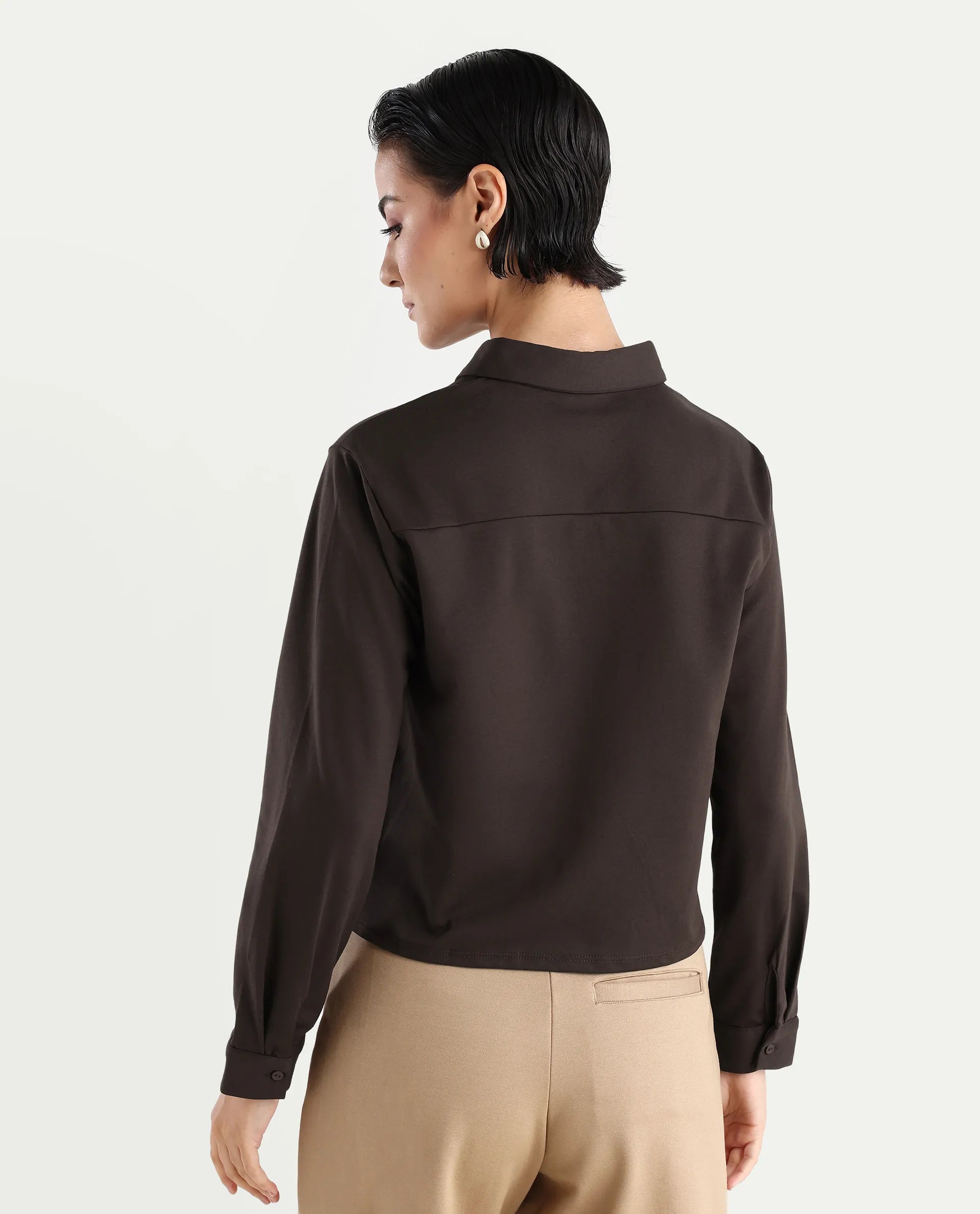 Rareism Women's Ellery Brown Cotton Blend Drop Collar Plain Regular Fit Shirt