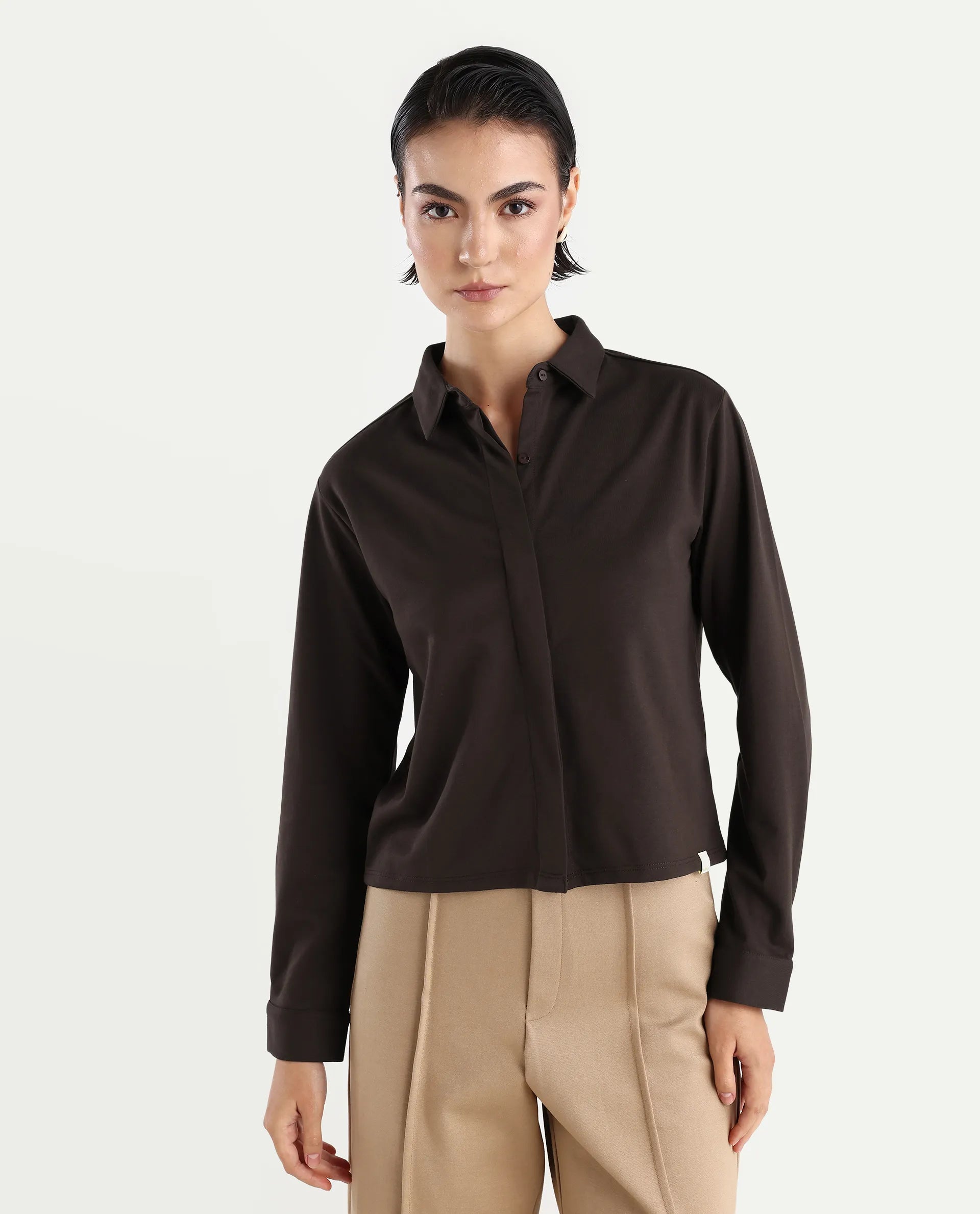 Rareism Women's Ellery Brown Cotton Blend Drop Collar Plain Regular Fit Shirt