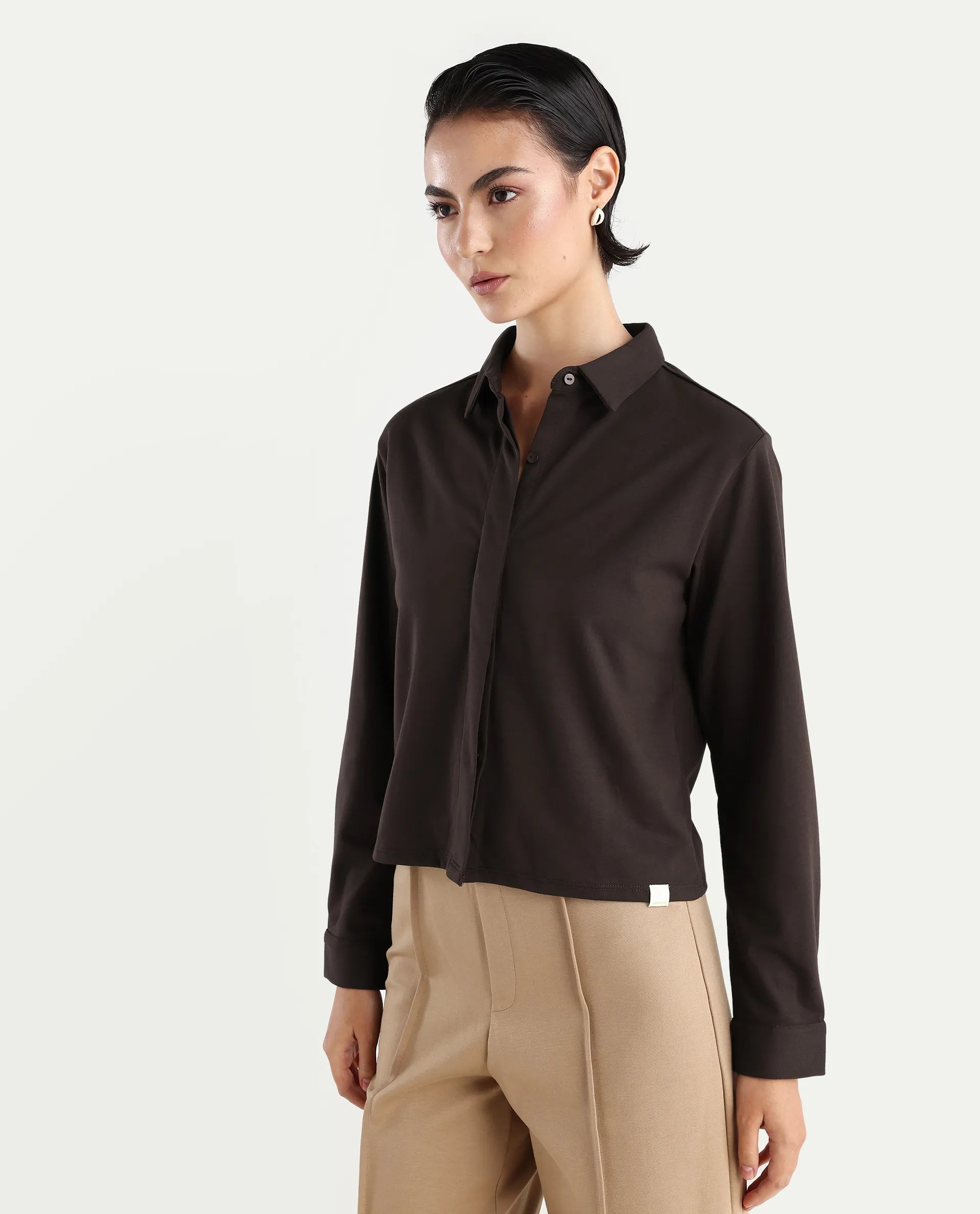 Rareism Women's Ellery Brown Cotton Blend Drop Collar Plain Regular Fit Shirt