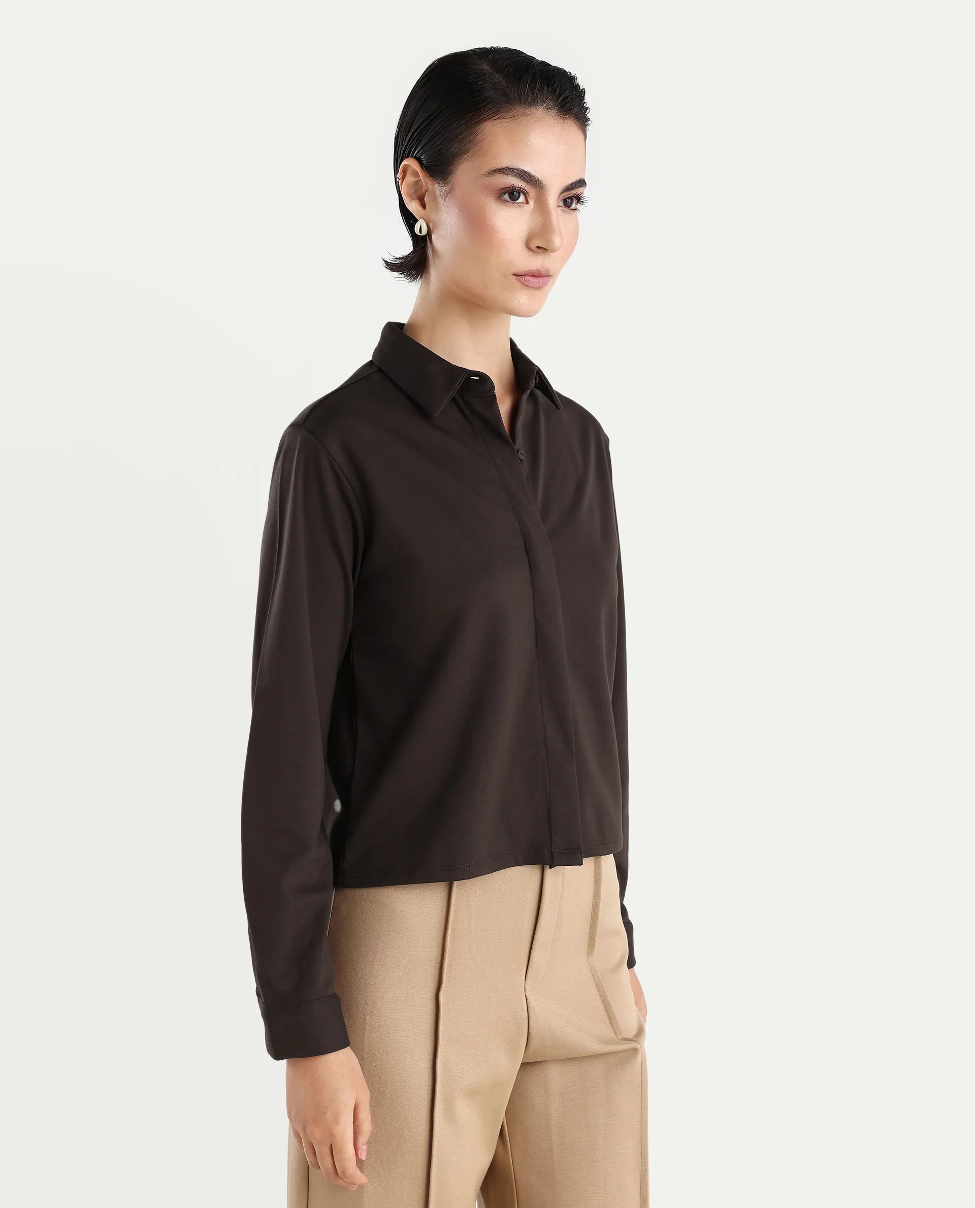 Rareism Women's Ellery Brown Cotton Blend Drop Collar Plain Regular Fit Shirt