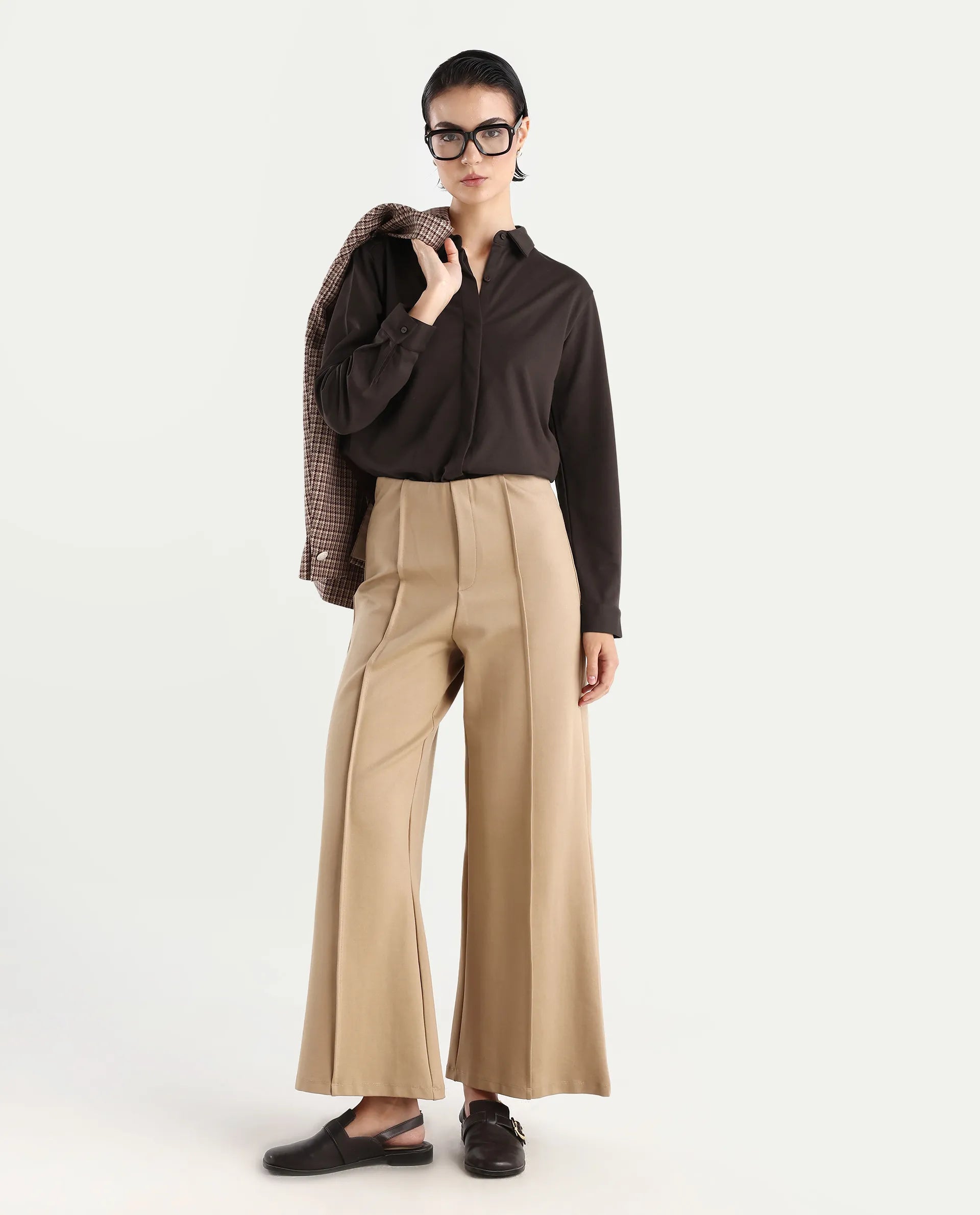 Rareism Women's Ellery Brown Cotton Blend Drop Collar Plain Regular Fit Shirt