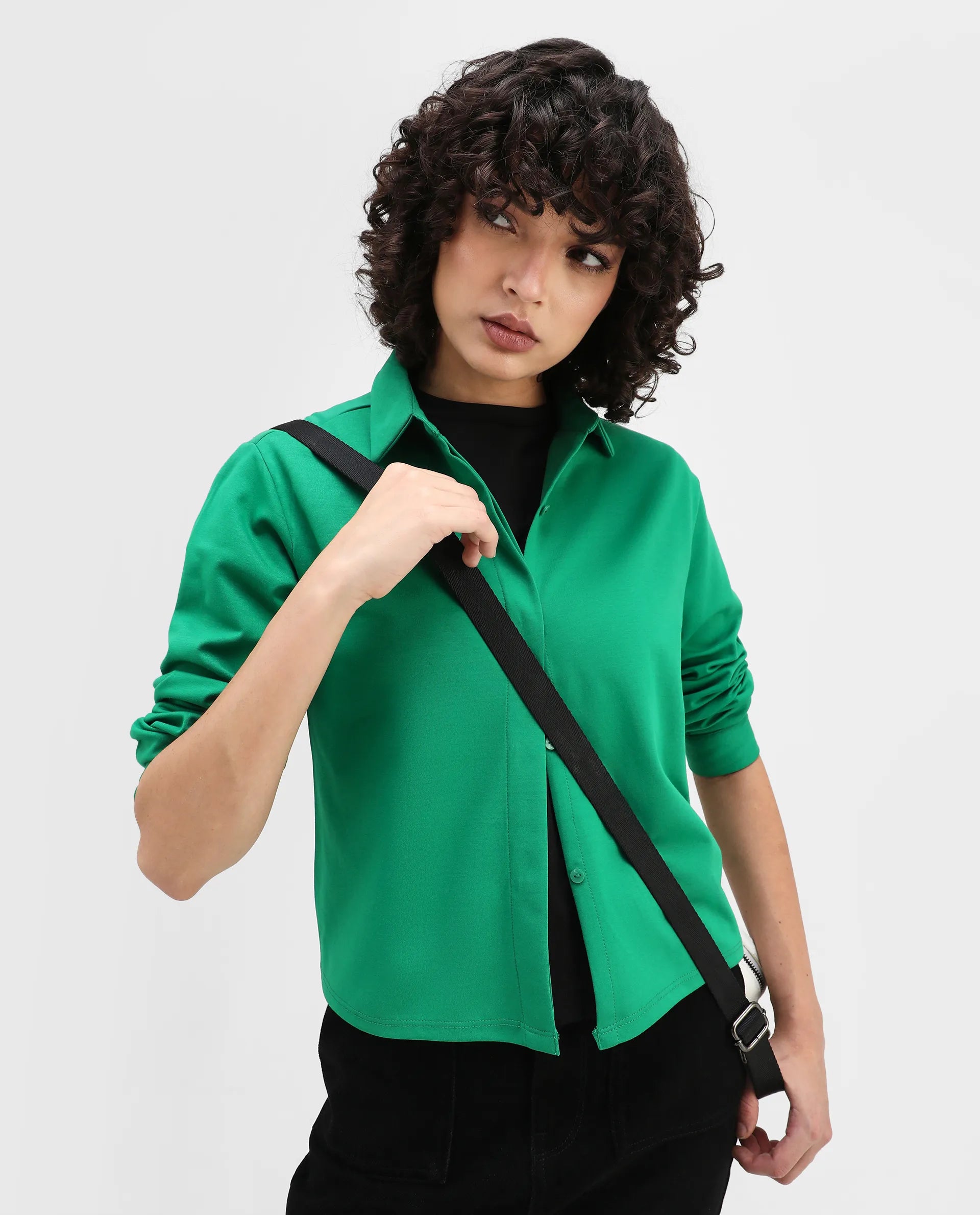 Rareism Women's Ellery Green Cotton Blend Drop Collar Plain Regular Fit Shirt