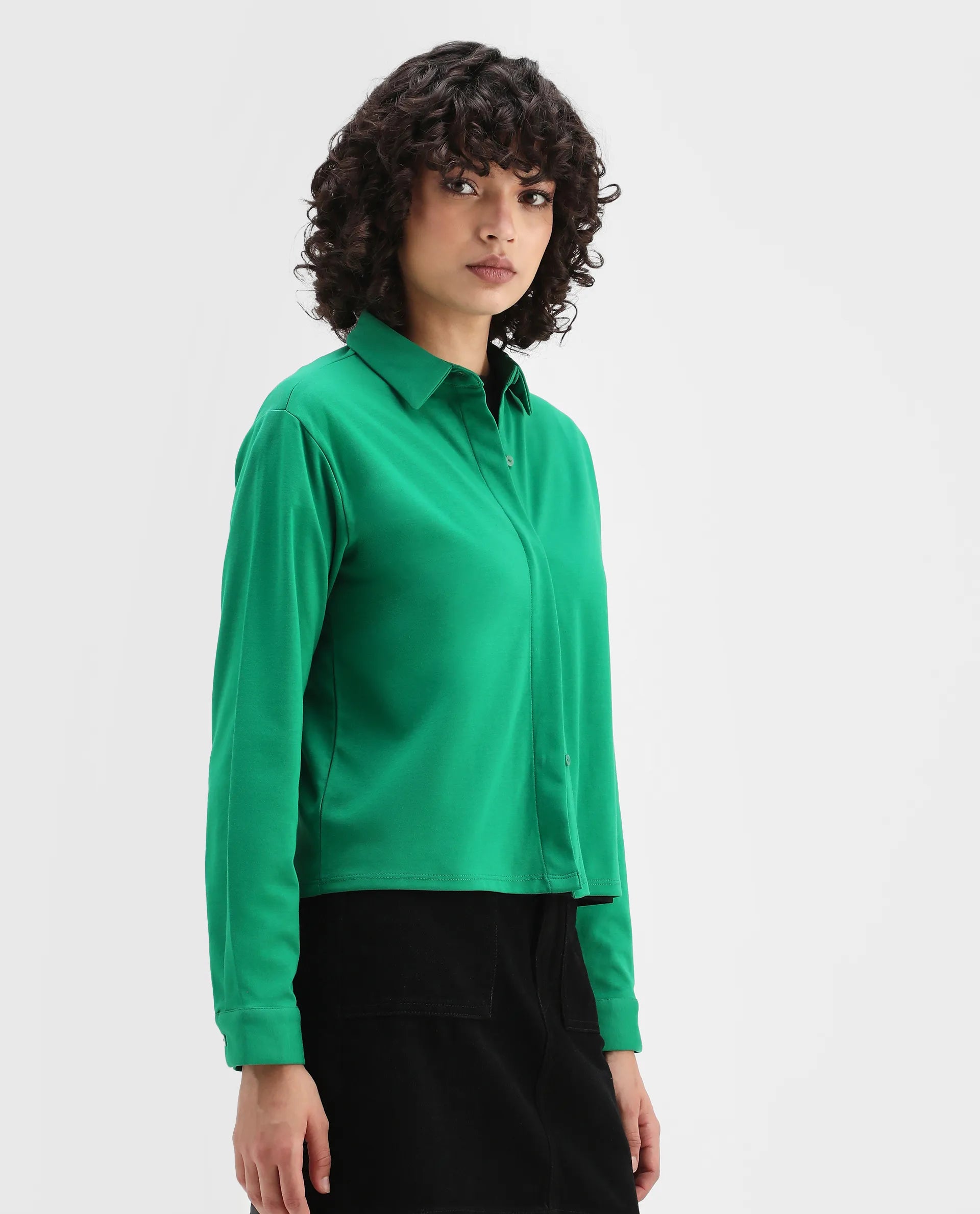 Rareism Women's Ellery Green Cotton Blend Drop Collar Plain Regular Fit Shirt