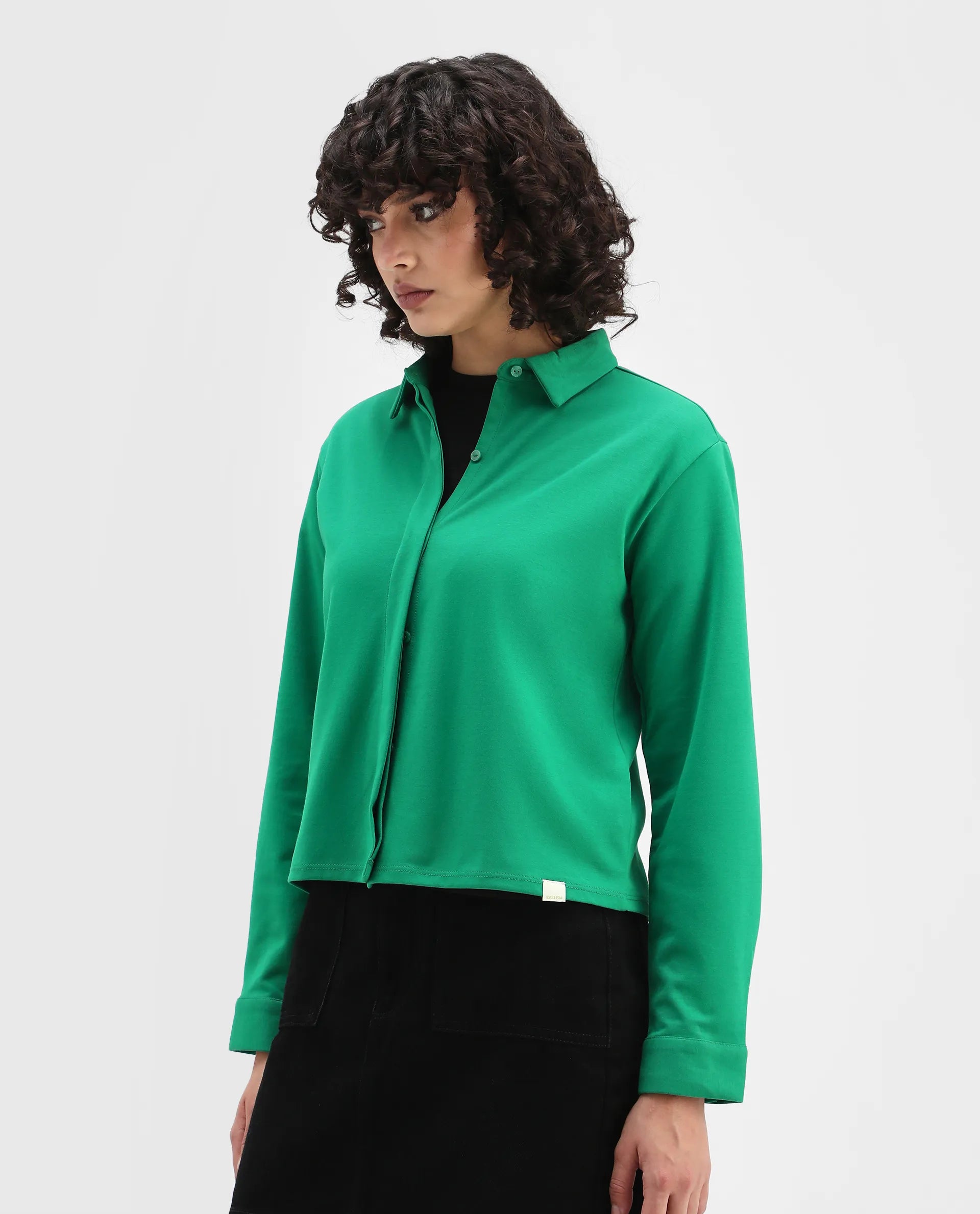 Rareism Women's Ellery Green Cotton Blend Drop Collar Plain Regular Fit Shirt