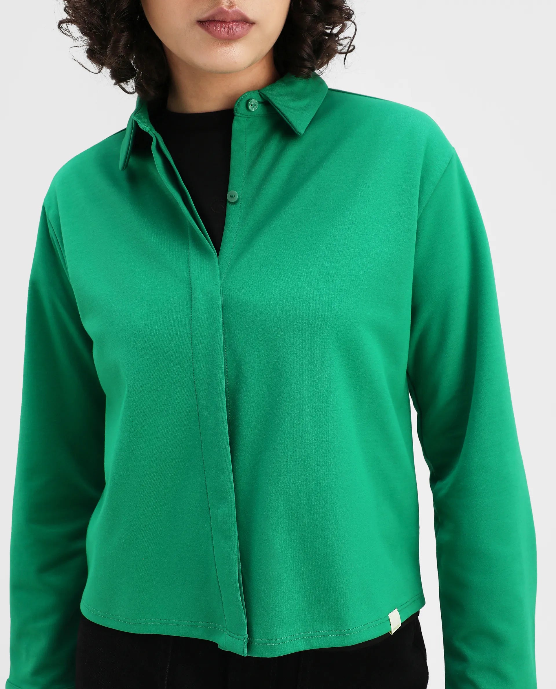 Rareism Women's Ellery Green Cotton Blend Drop Collar Plain Regular Fit Shirt