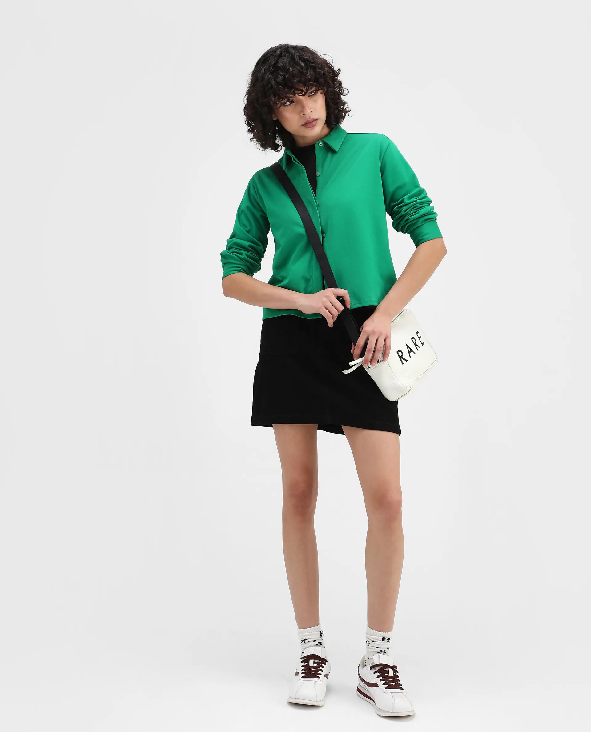 Rareism Women's Ellery Green Cotton Blend Drop Collar Plain Regular Fit Shirt