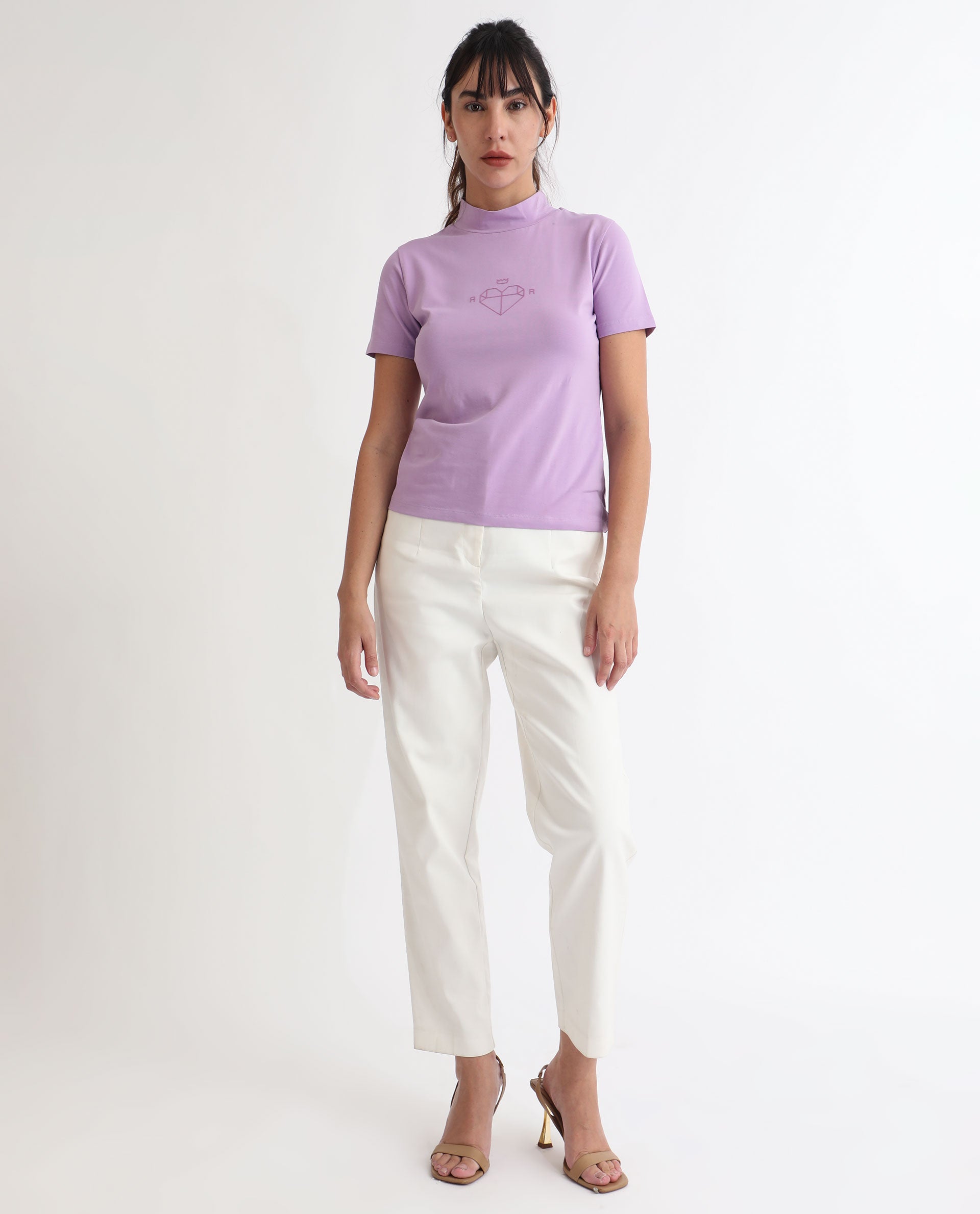 Rareism Women Ellie Purple Cotton Fabric Short Sleeves High Neck Regular Fit Graphic Print T-Shirt