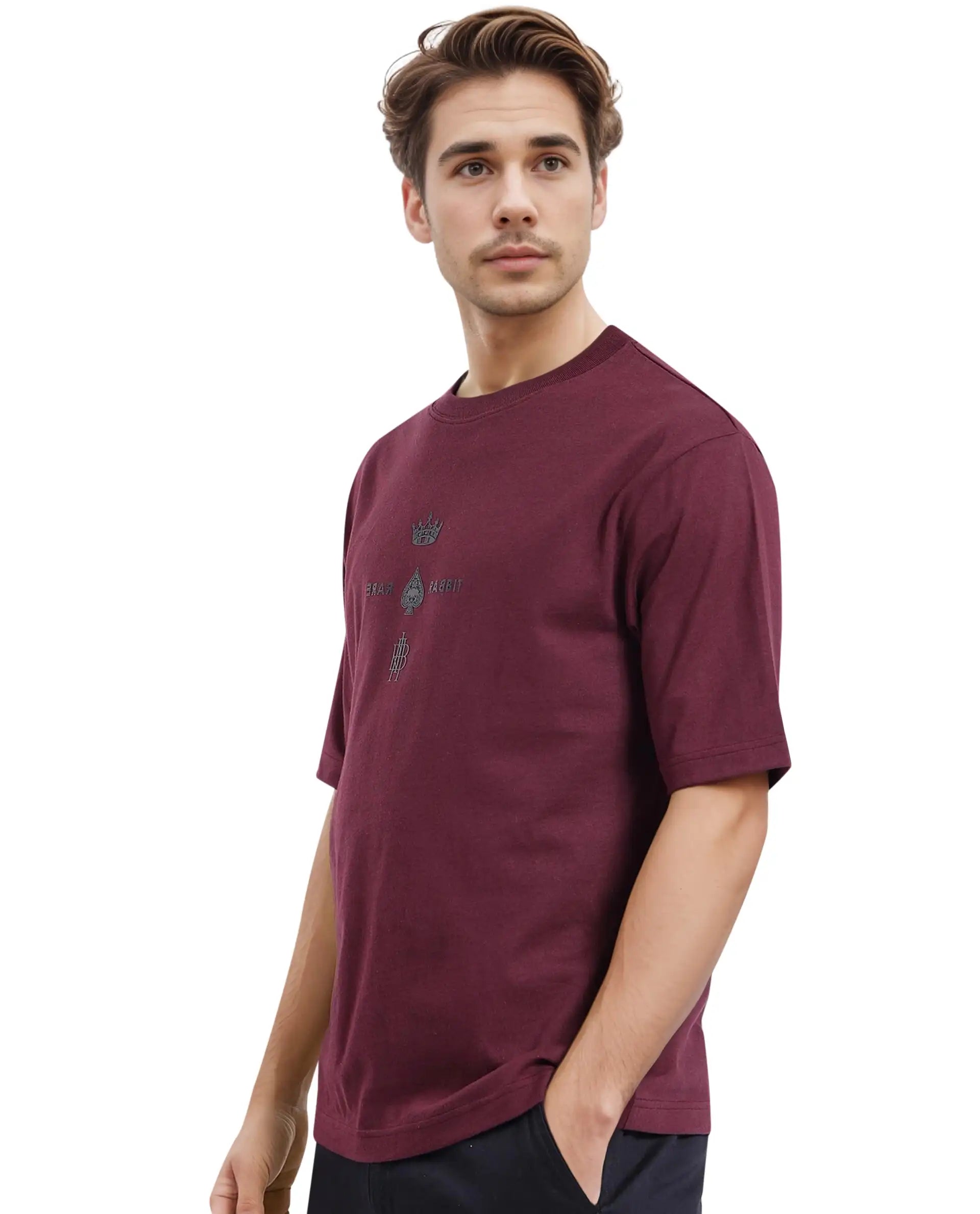 Rare Rabbit Men Ello Dark Maroon Short Sleeve Crew Neck Boxy Fit HD Print T-Shirt