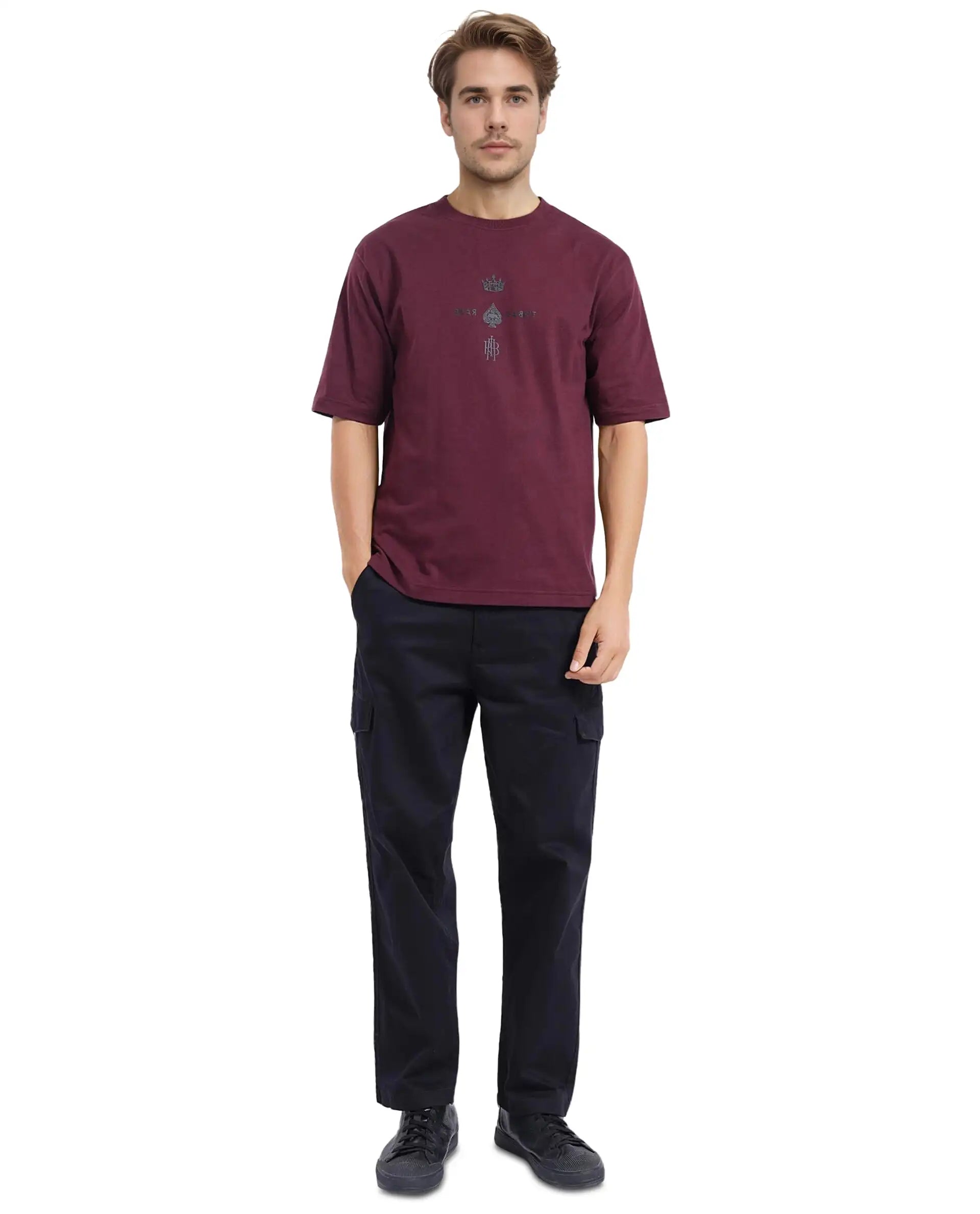 Rare Rabbit Men Ello Dark Maroon Short Sleeve Crew Neck Boxy Fit HD Print T-Shirt