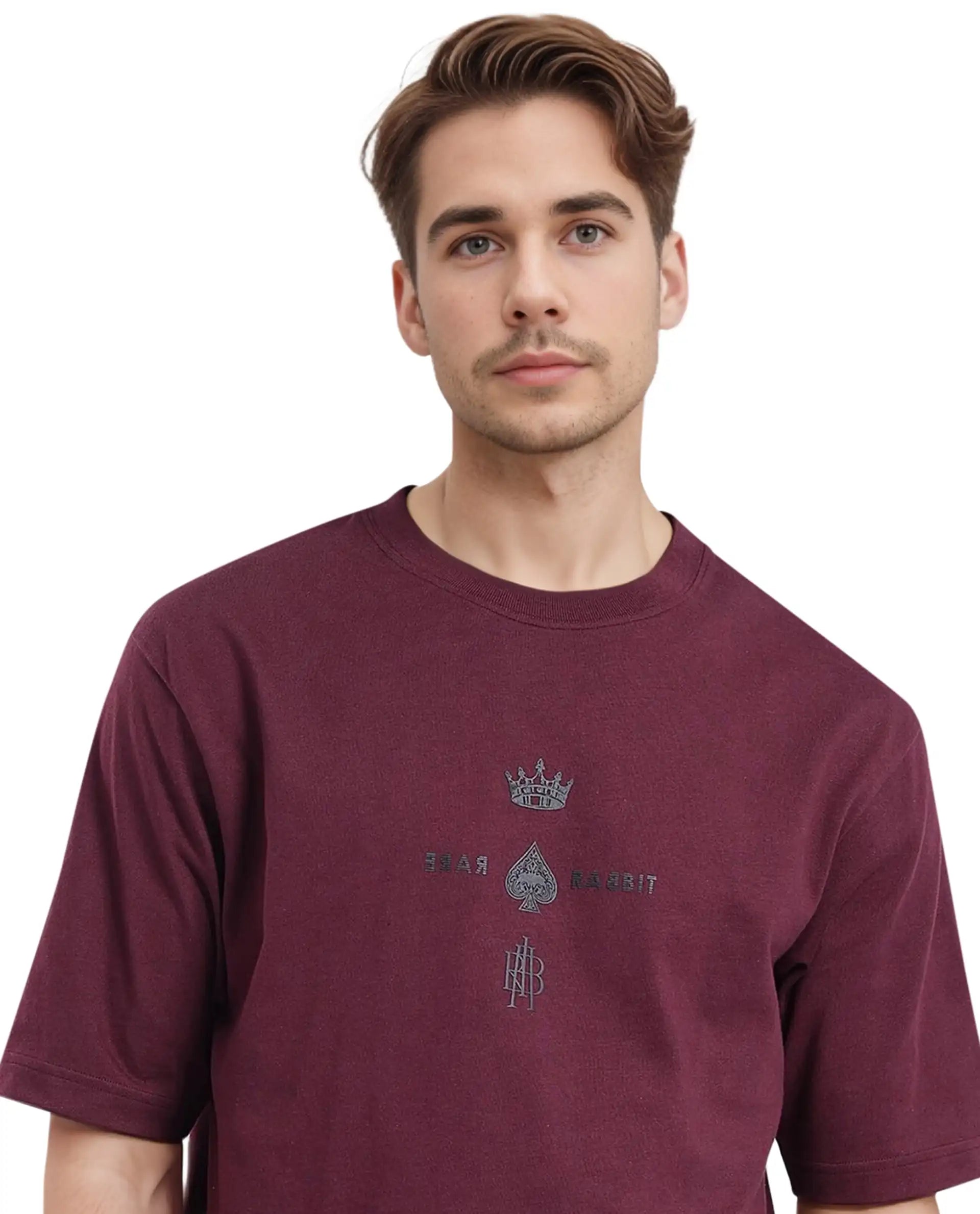 Rare Rabbit Men Ello Dark Maroon Short Sleeve Crew Neck Boxy Fit HD Print T-Shirt