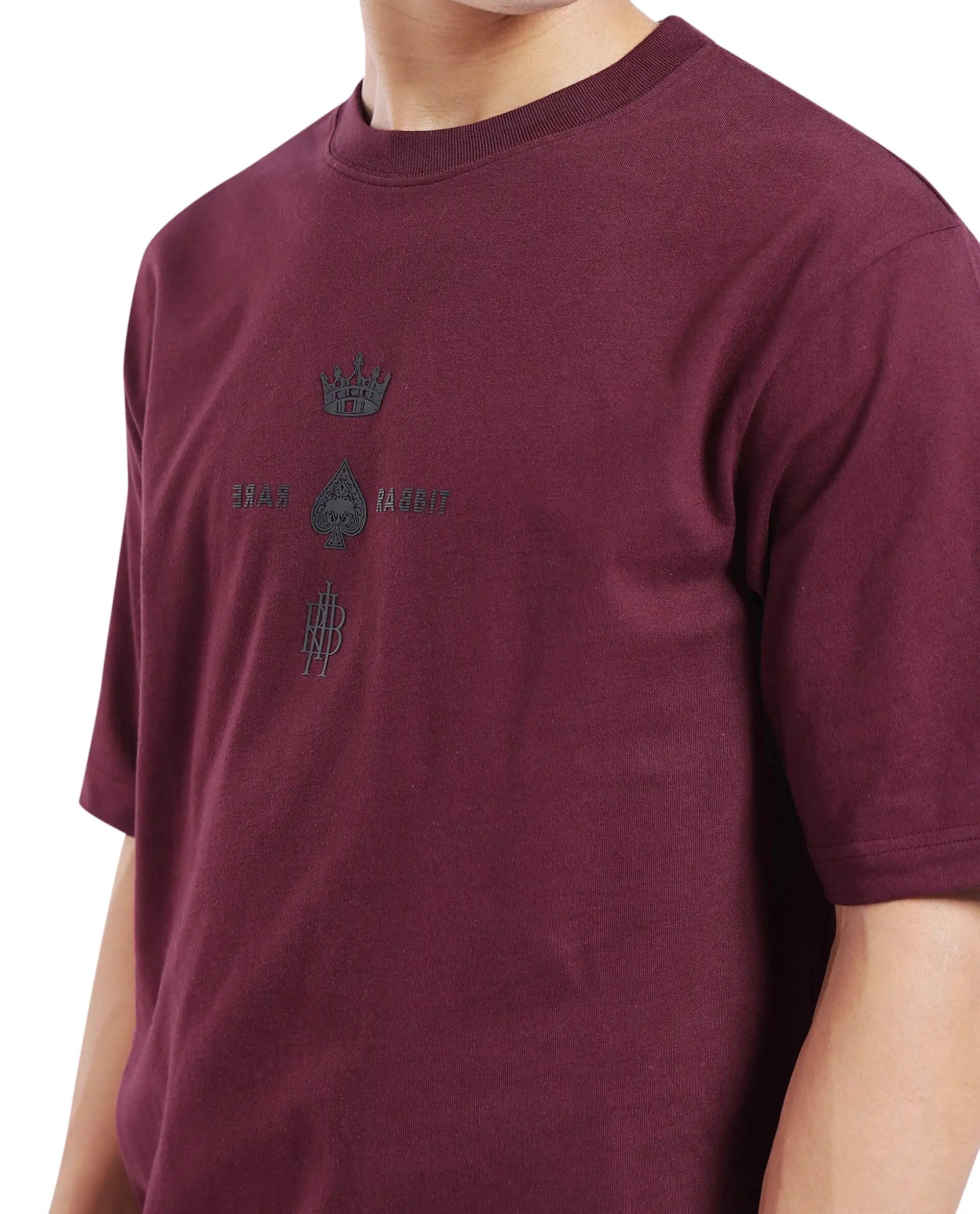 Rare Rabbit Men Ello Dark Maroon Short Sleeve Crew Neck Boxy Fit HD Print T-Shirt