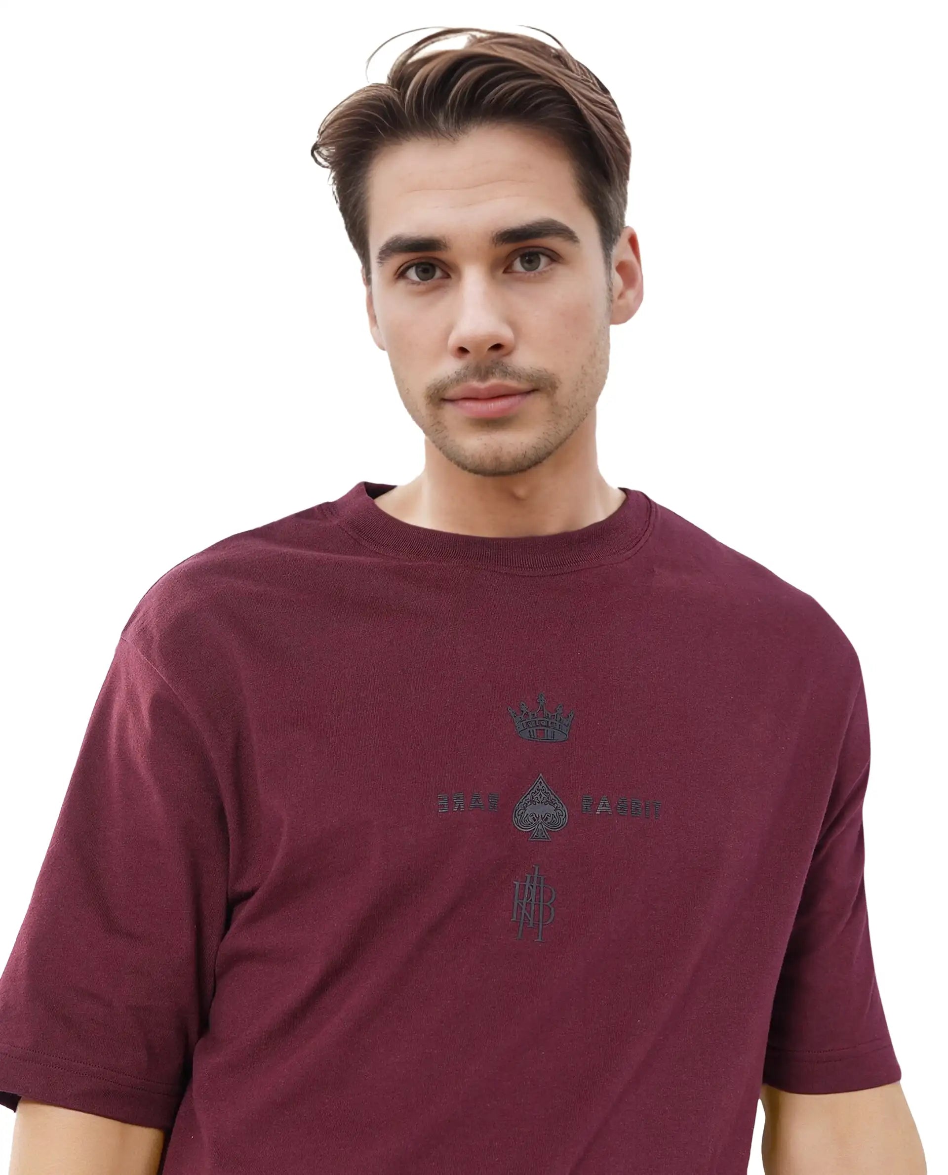 Rare Rabbit Men Ello Dark Maroon Short Sleeve Crew Neck Boxy Fit HD Print T-Shirt