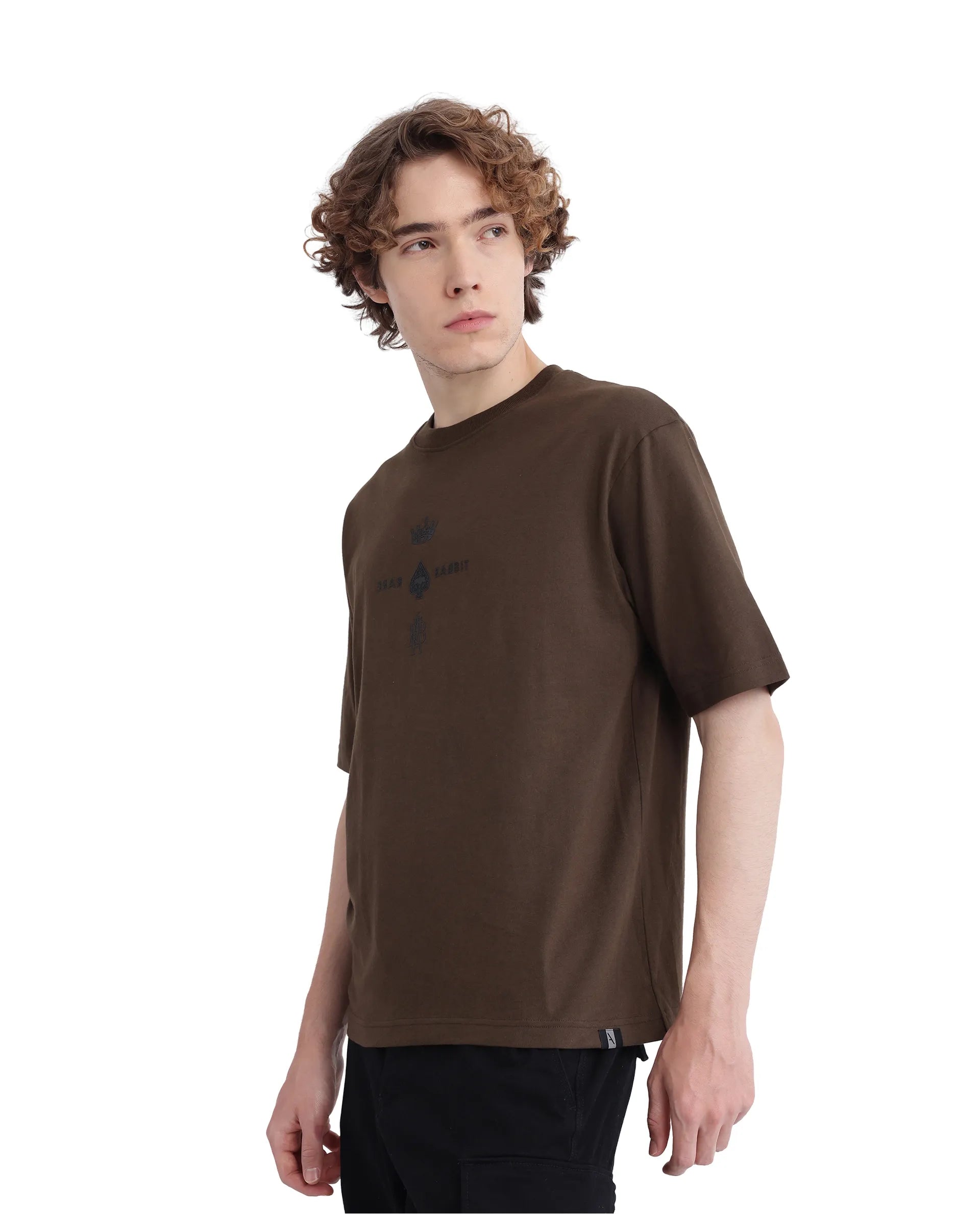 Rare Rabbit Men Ello Olive Short Sleeve Crew Neck Boxy Fit HD Print T-Shirt