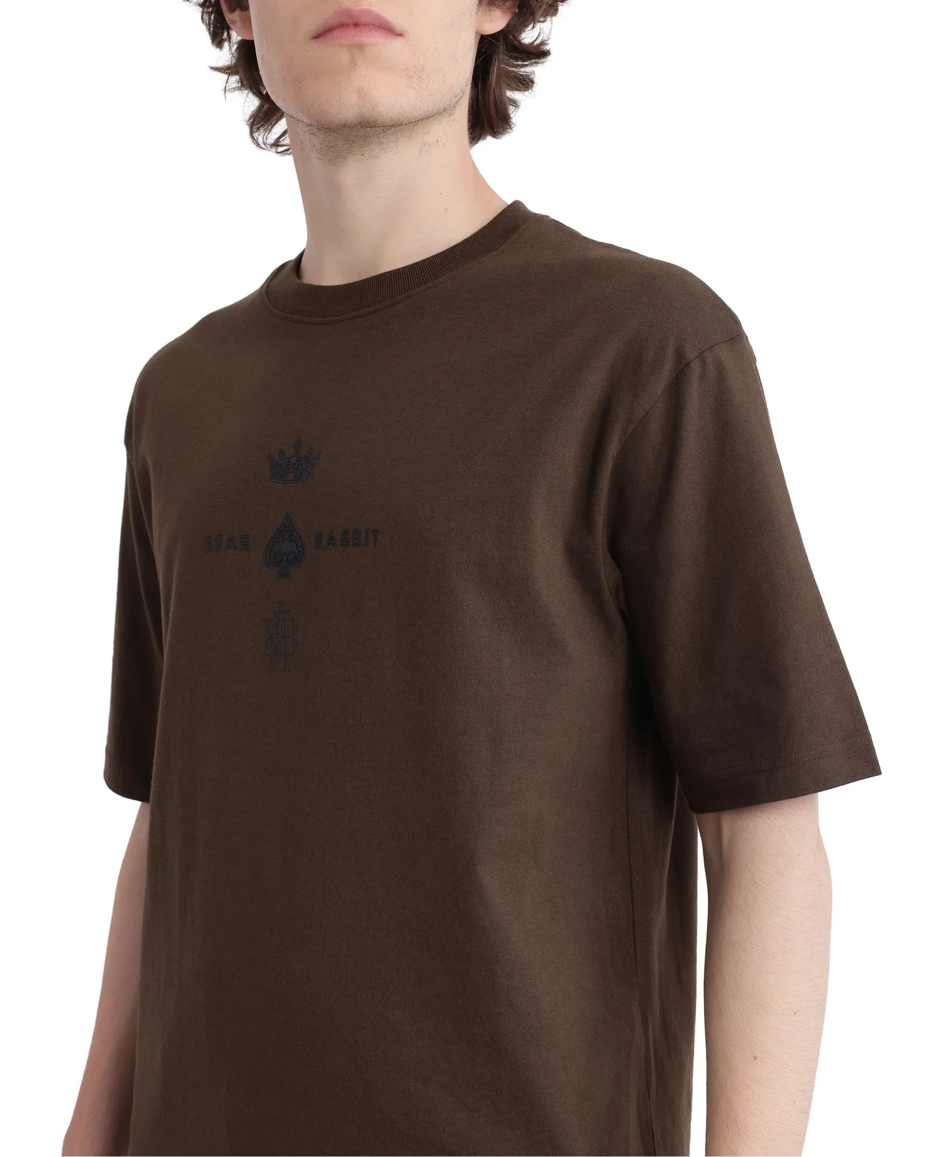 Rare Rabbit Men Ello Olive Short Sleeve Crew Neck Boxy Fit HD Print T-Shirt