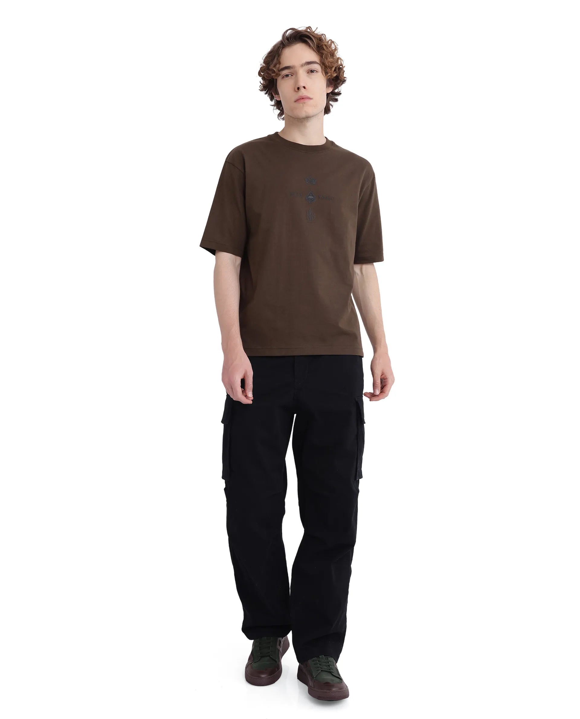 Rare Rabbit Men Ello Olive Short Sleeve Crew Neck Boxy Fit HD Print T-Shirt