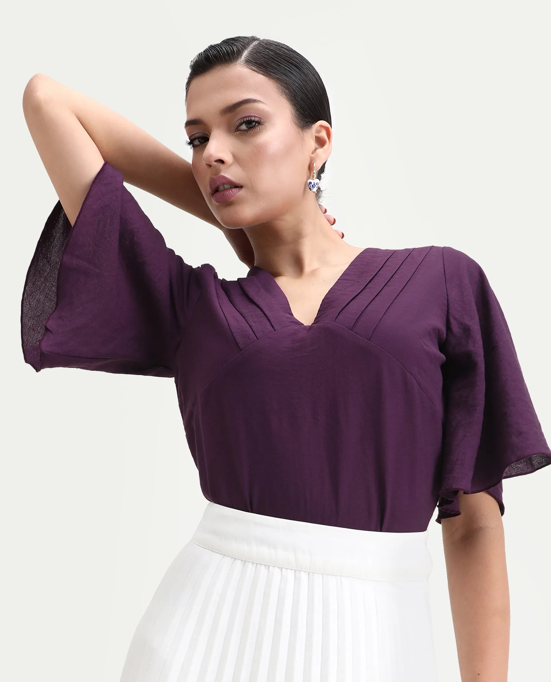 Rareism Women's Elloy Purple Polyester Bell Sleeves V-Neck Regular Fit Plain Top