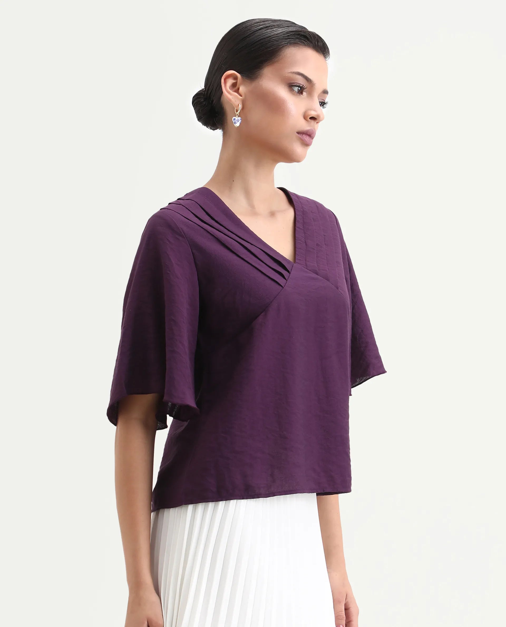 Rareism Women's Elloy Purple Polyester Bell Sleeves V-Neck Regular Fit Plain Top