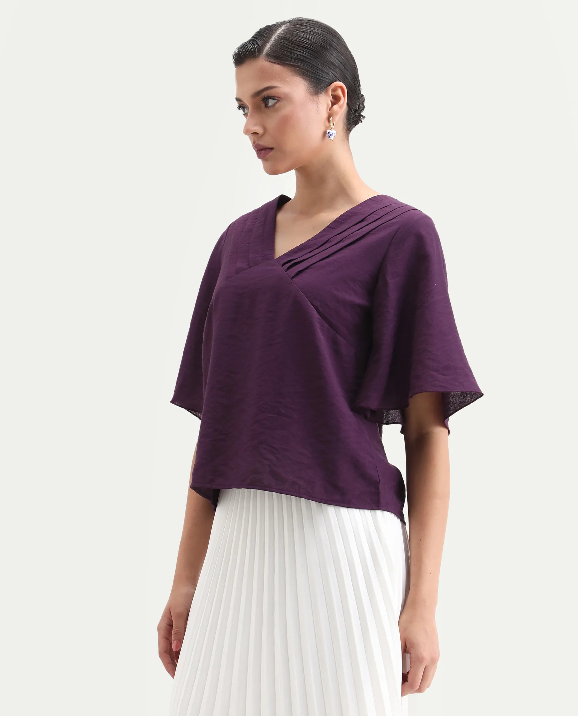 Rareism Women's Elloy Purple Polyester Bell Sleeves V-Neck Regular Fit Plain Top