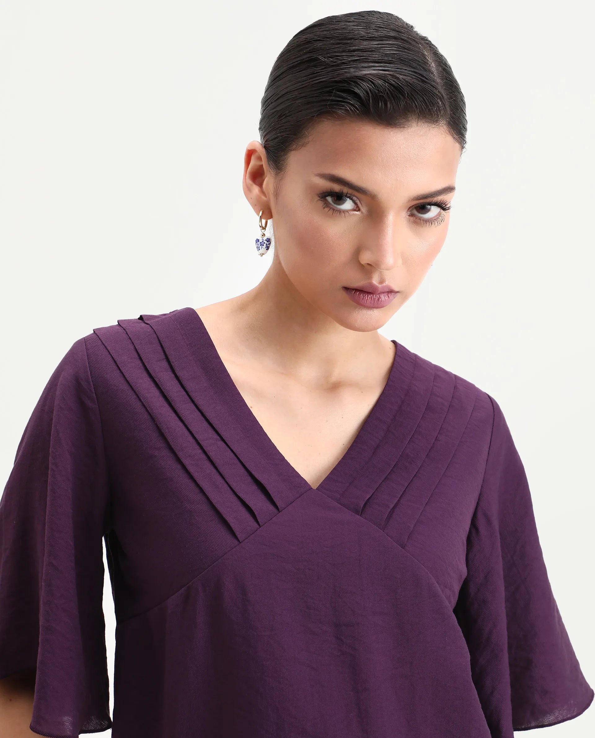 Rareism Women's Elloy Purple Polyester Bell Sleeves V-Neck Regular Fit Plain Top