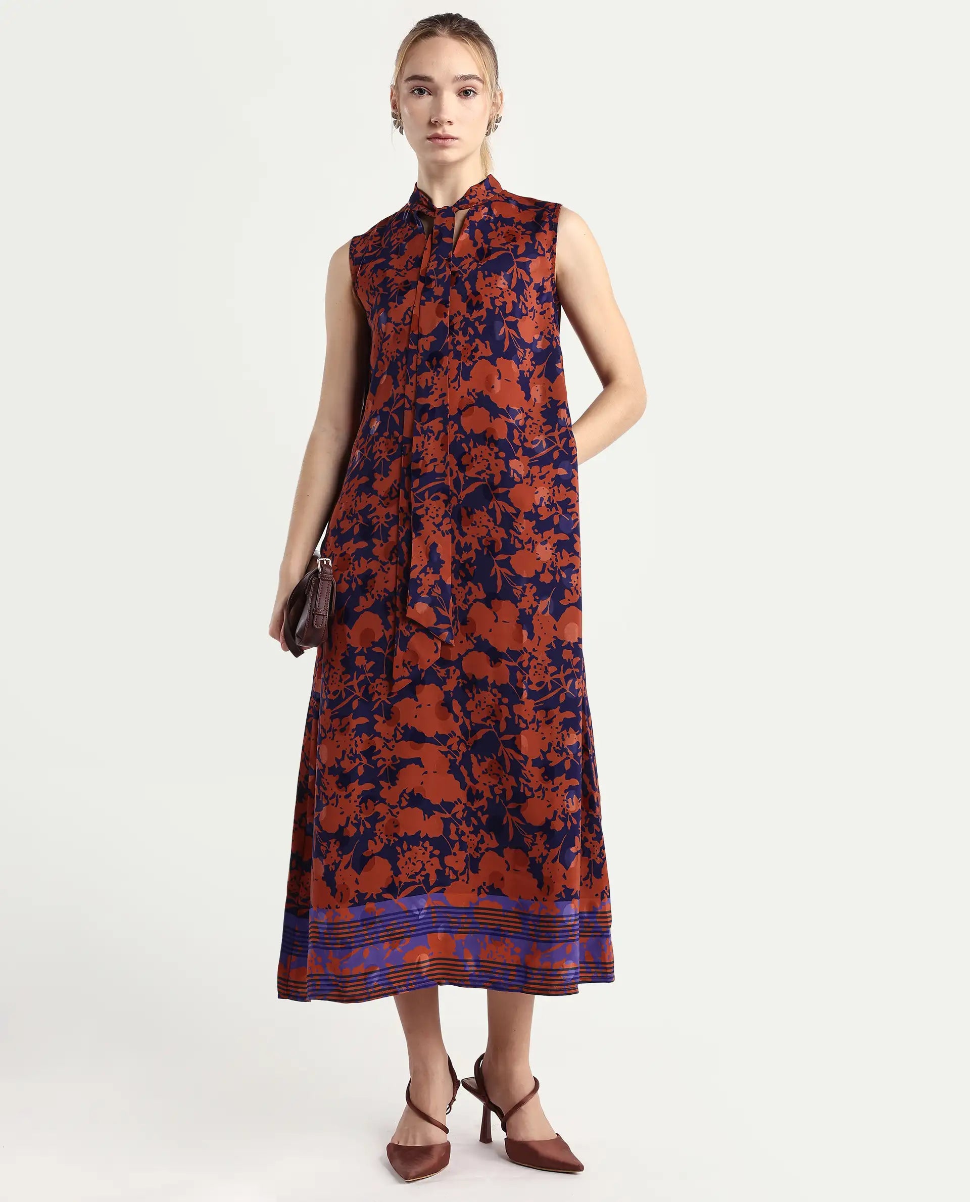 Rareism Women's Ellu Brown Polyester Tie-Up Neck Floral Print Sleeveless Knee Length Regular Fit Dress