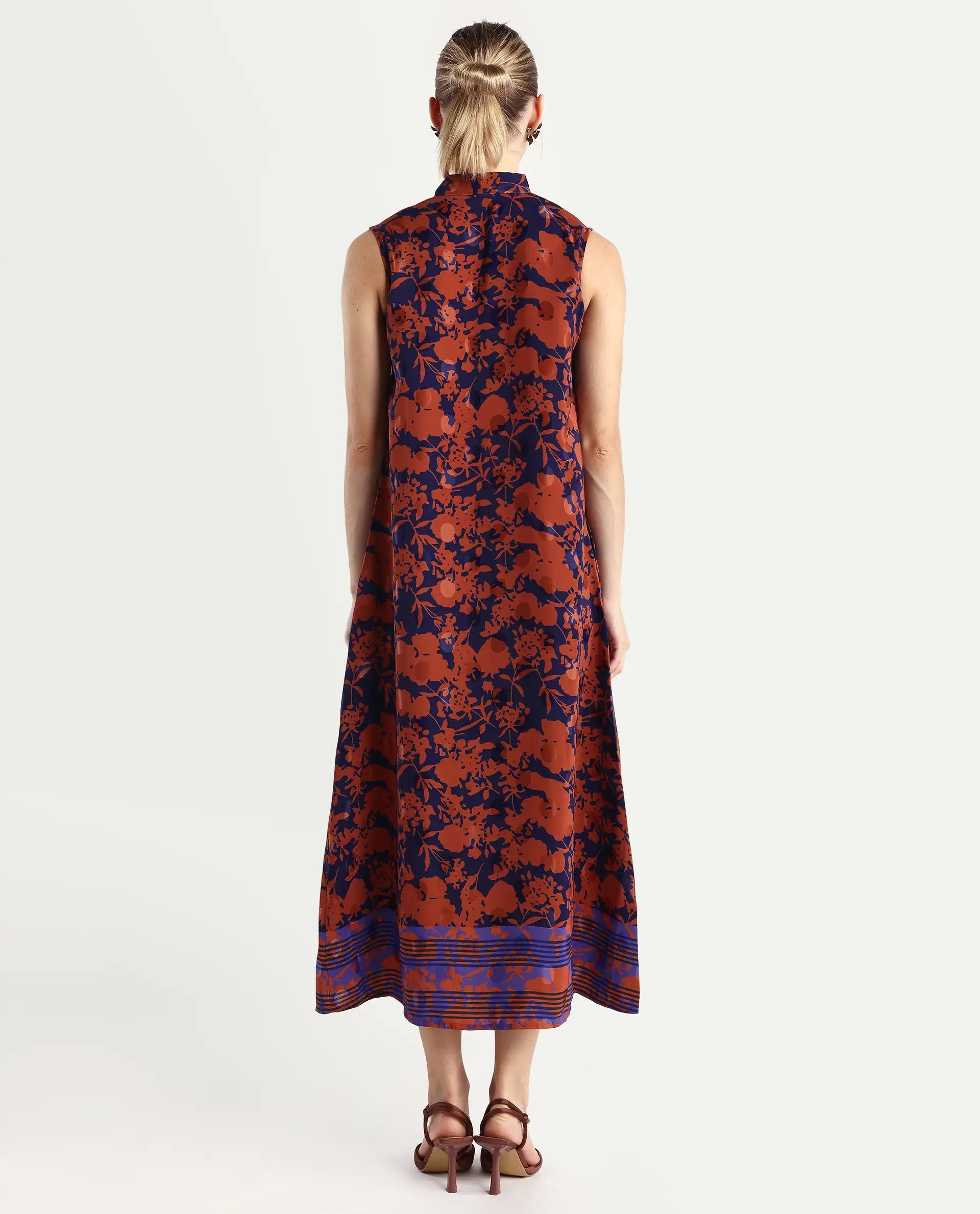 Rareism Women's Ellu Brown Polyester Tie-Up Neck Floral Print Sleeveless Knee Length Regular Fit Dress