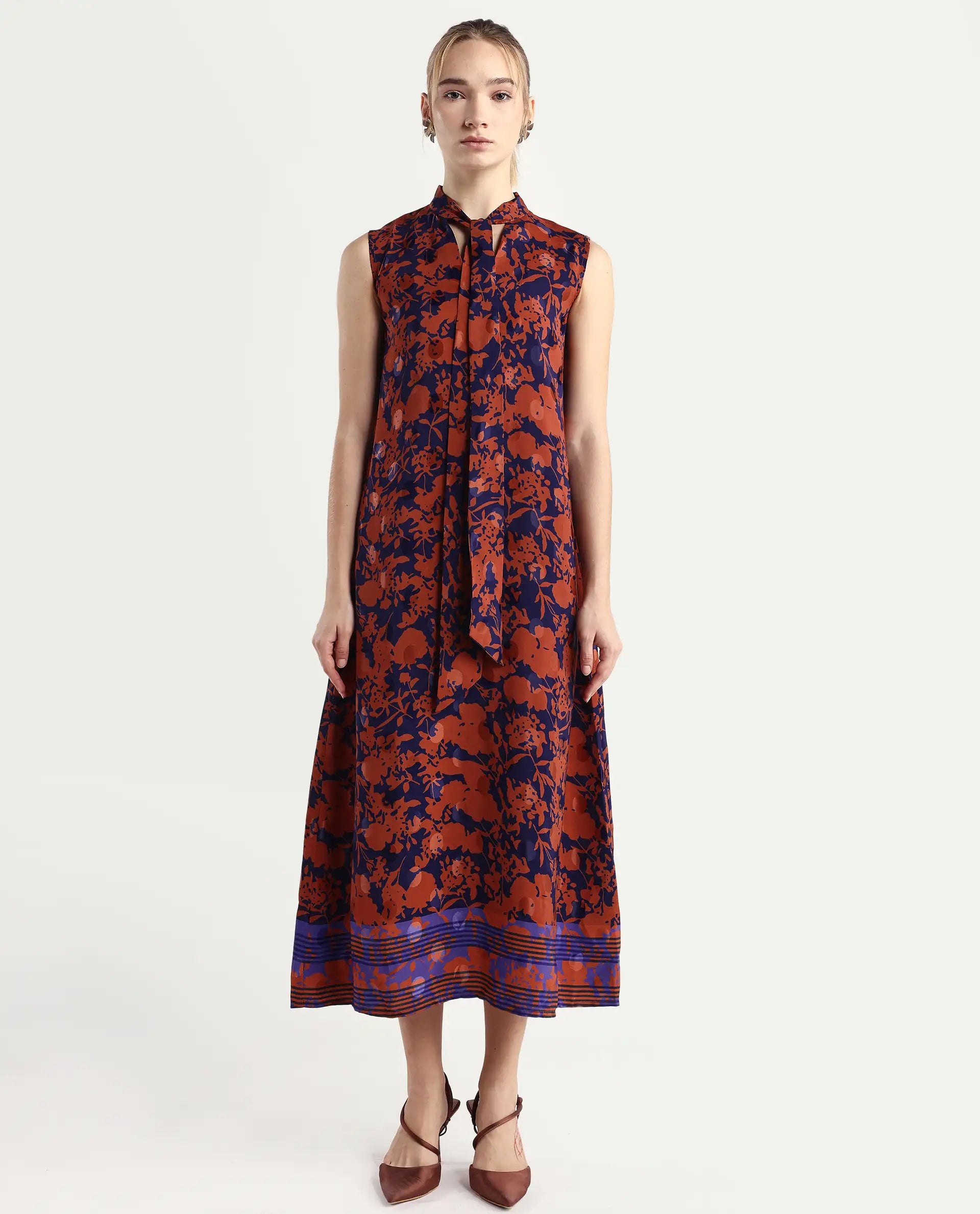 Rareism Women's Ellu Brown Polyester Tie-Up Neck Floral Print Sleeveless Knee Length Regular Fit Dress