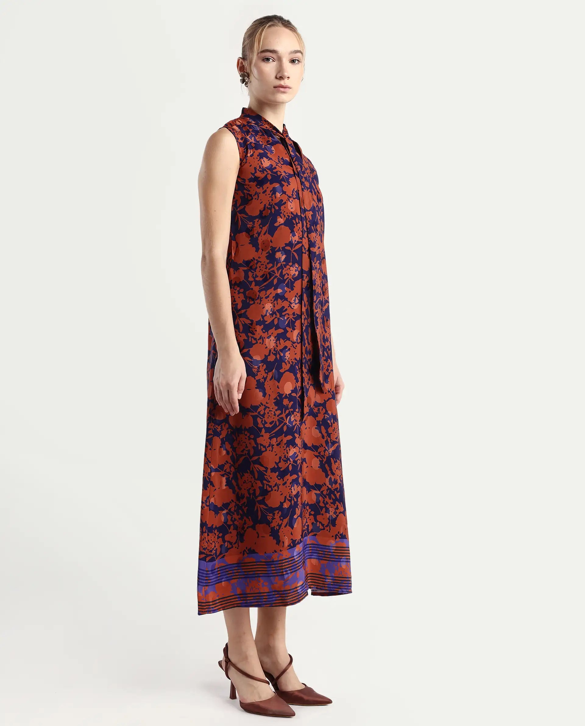 Rareism Women's Ellu Brown Polyester Tie-Up Neck Floral Print Sleeveless Knee Length Regular Fit Dress