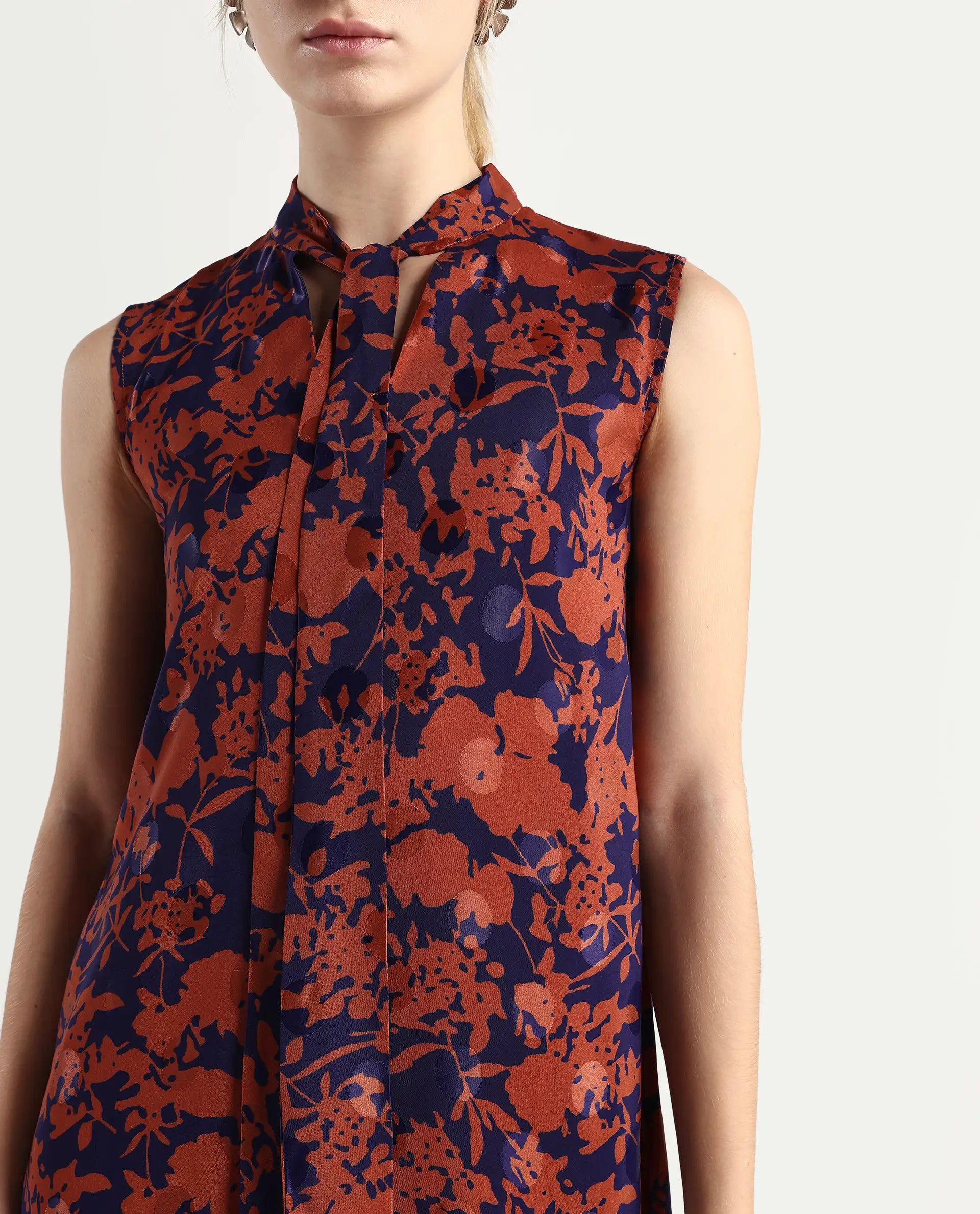 Rareism Women's Ellu Brown Polyester Tie-Up Neck Floral Print Sleeveless Knee Length Regular Fit Dress