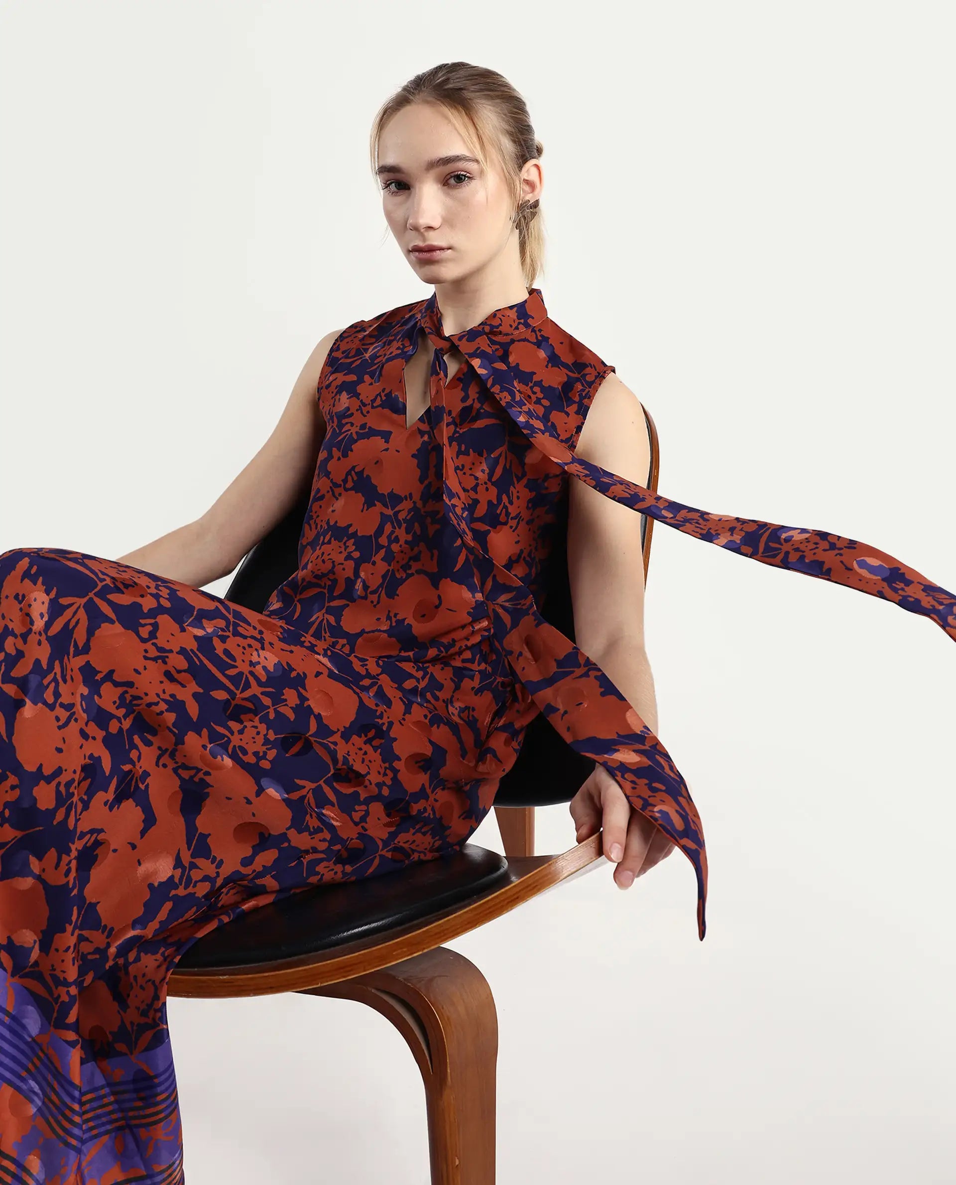 Rareism Women's Ellu Brown Polyester Tie-Up Neck Floral Print Sleeveless Knee Length Regular Fit Dress