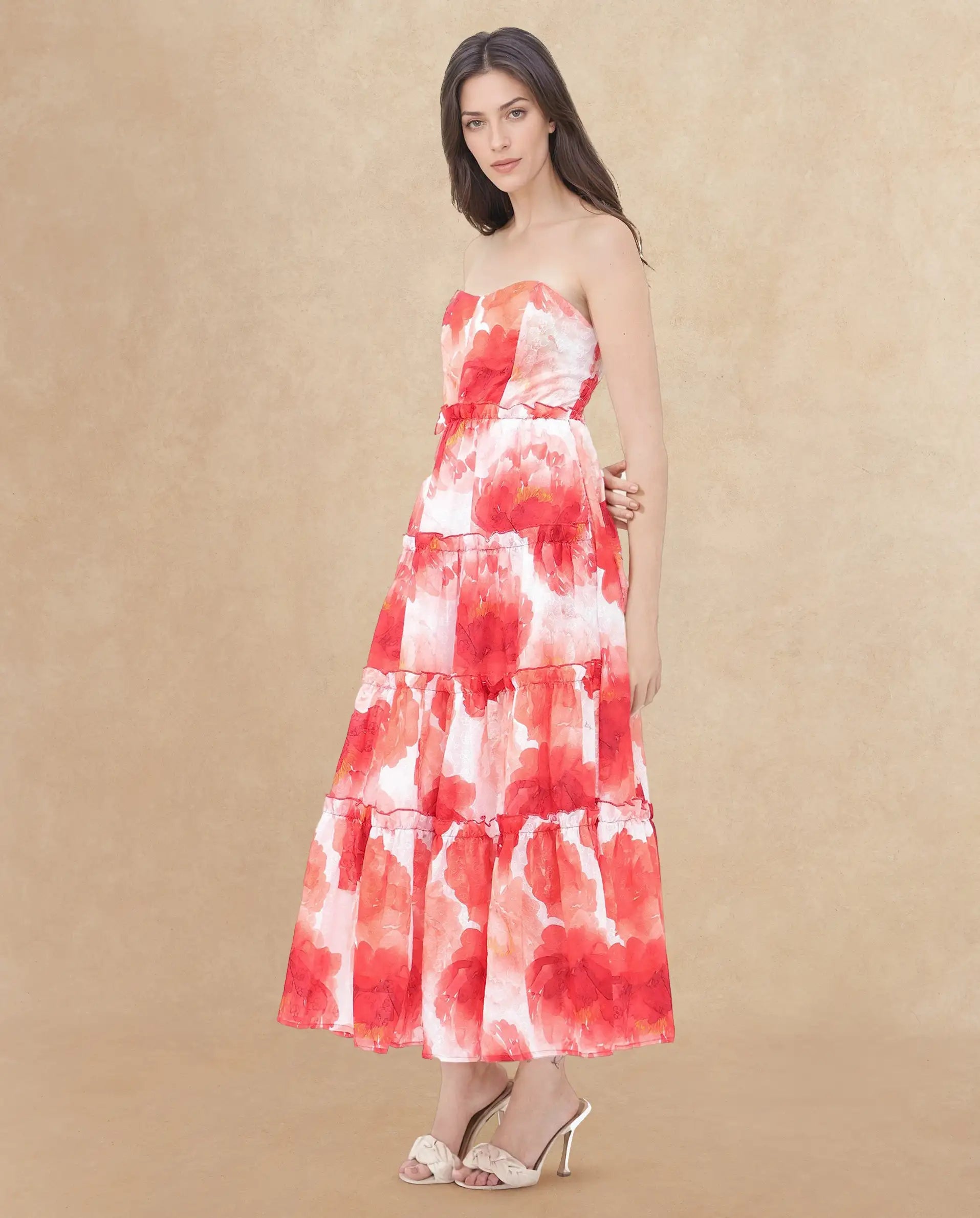 Rareism Women's Elma Pink Cotton Shoulder Strap Floral Print Sleeveless Maxi Fit And Flare Dress