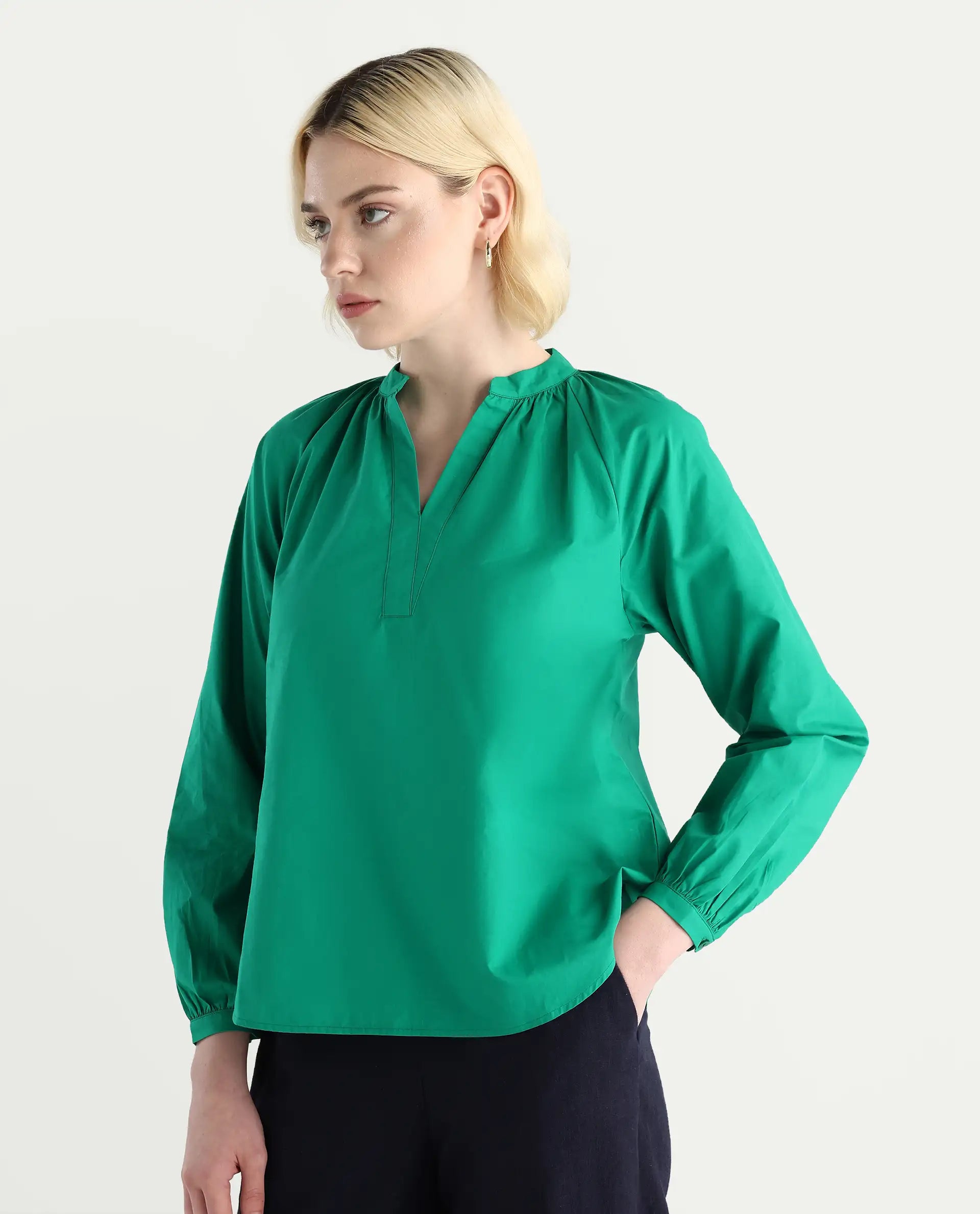 Rareism Women's Elmar Green Cotton Raglan Sleeves Mandarin Collar Regular Fit Plain Top