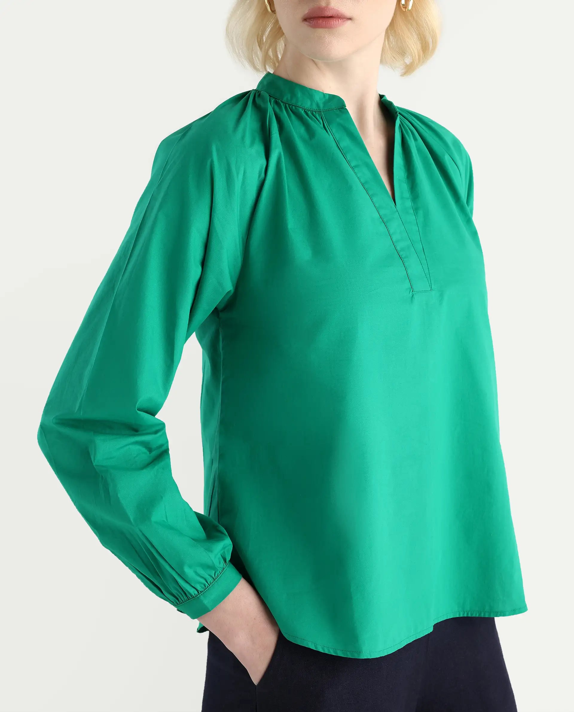 Rareism Women's Elmar Green Cotton Raglan Sleeves Mandarin Collar Regular Fit Plain Top