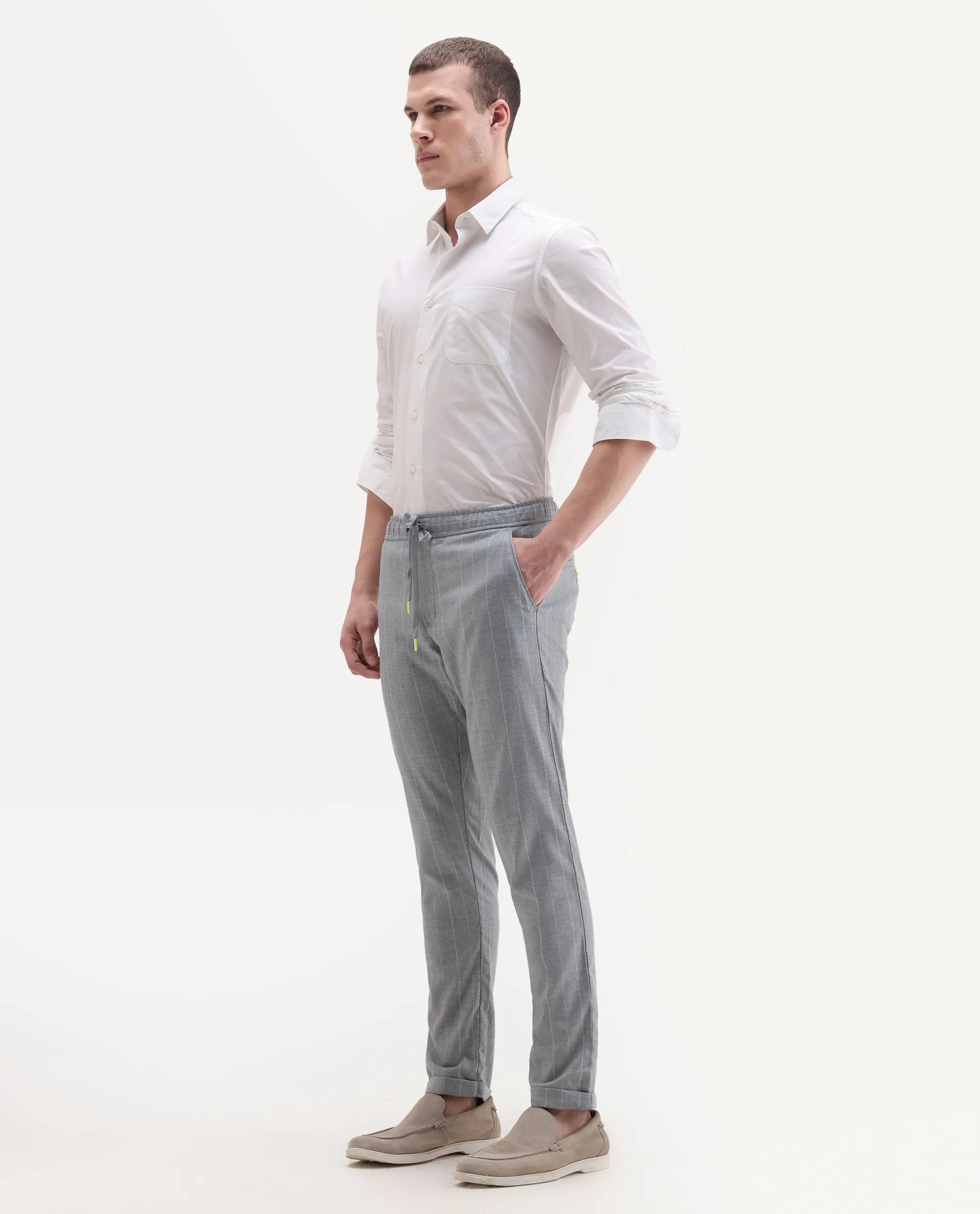 Rare Rabbit Men's Elms Grey Cotton Striped Print Regular Fit Trouser