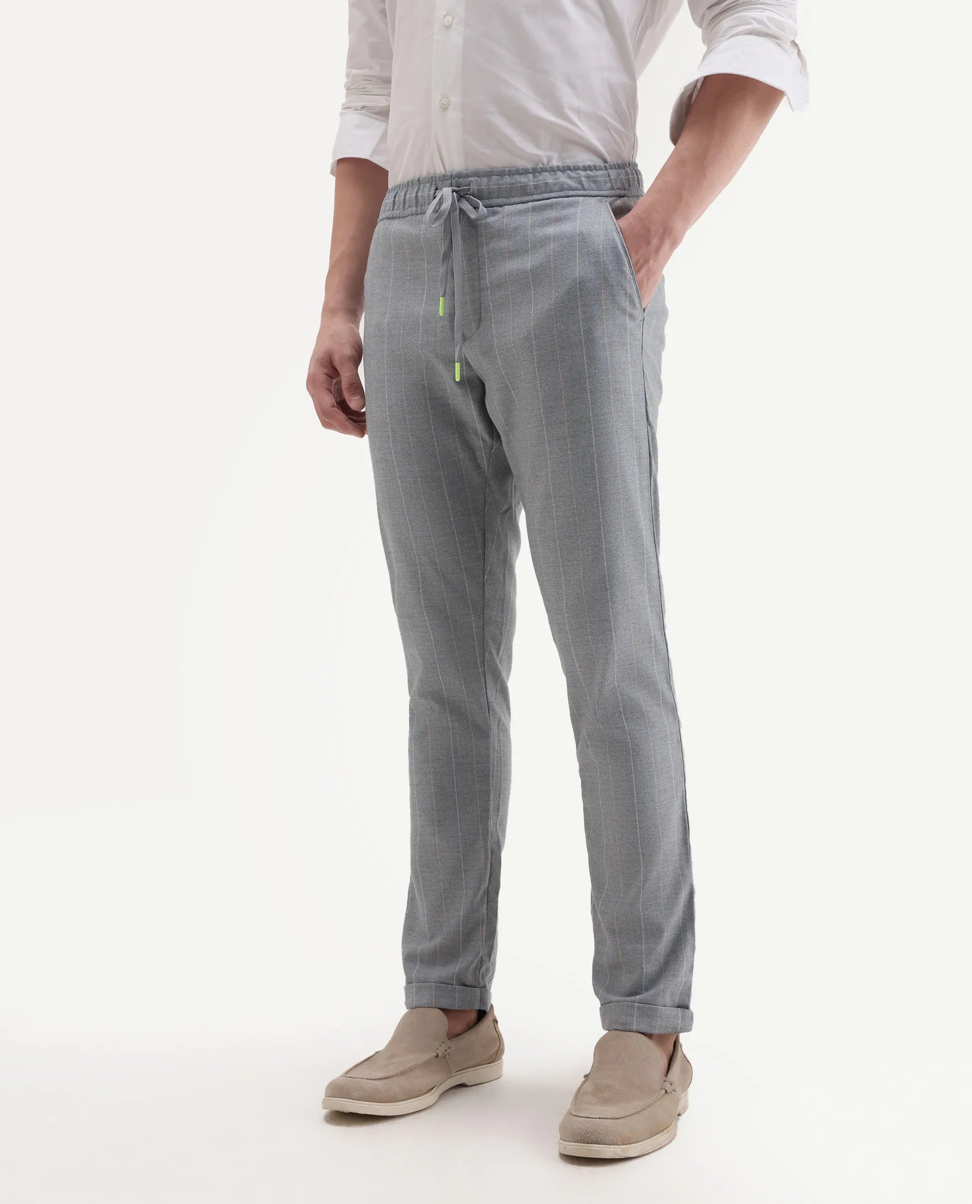 Rare Rabbit Men's Elms Grey Cotton Striped Print Regular Fit Trouser