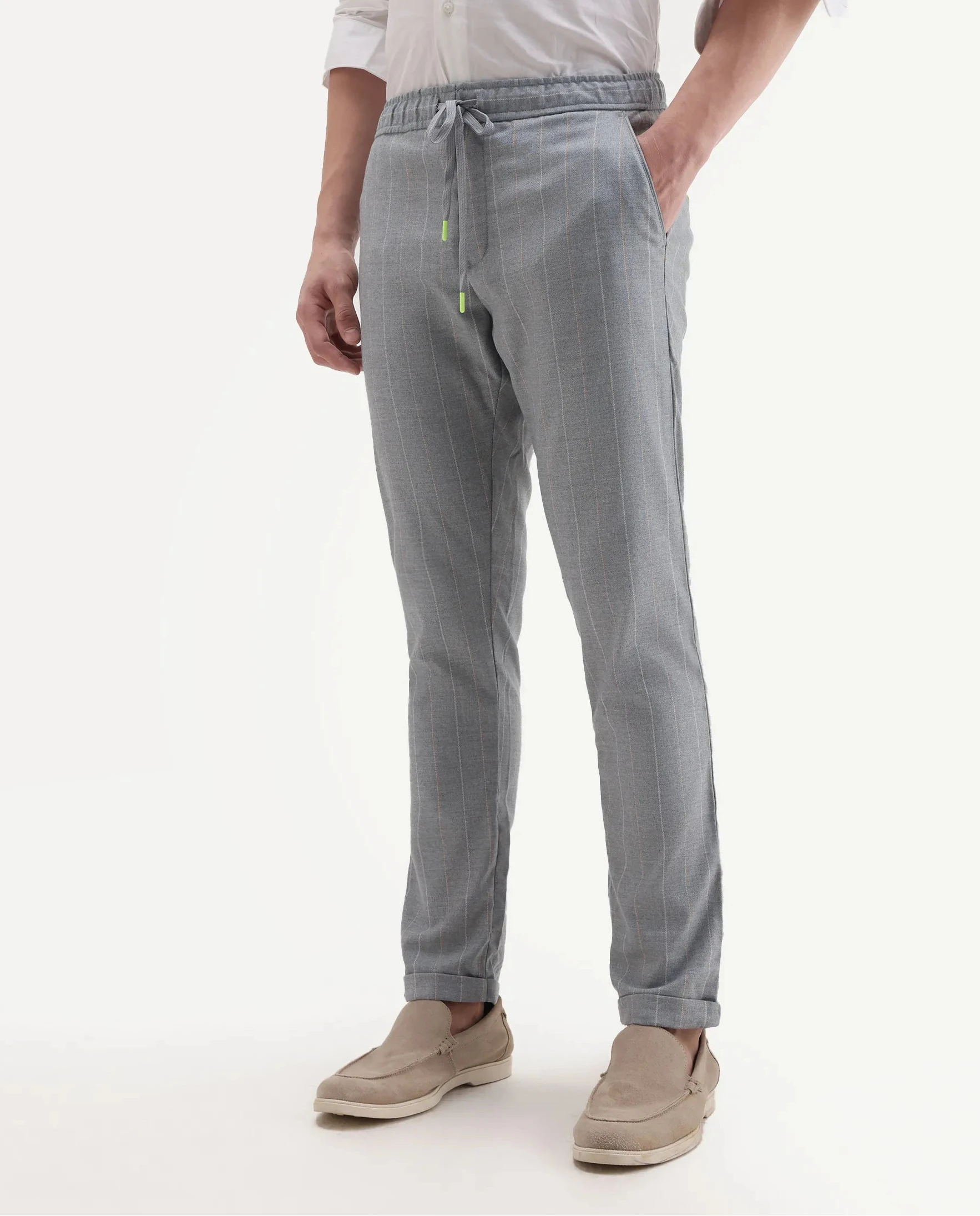 Rare Rabbit Men's Elms Grey Cotton Striped Print Regular Fit Trouser